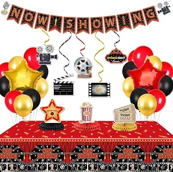 Movie Night Decorations, Include Now Showing Banner, Movie Themed Hanging Swirls, Tablecloth, Table Honeycomb Centerpieces, Balloons for Movie Party Red Carpet Birthday Party Supplies