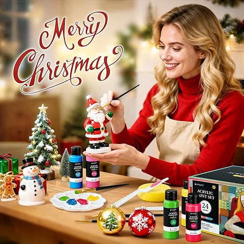 Miniatura 2 de POPYOLA Juego de 40 piezas de pintura acrílica con 12 pinceles, 2 cuchillos, paleta y esponja, 24 colores (2.3 onzas líquidas, 2 onzas), pintura