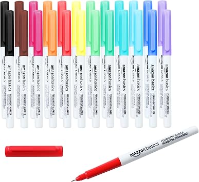 Amazon Basics Permanent Markers for Drawing, Writing and Doodling, Ultra Fine Tip, Quick Dry Fade Resistant Ink, Assorted Colors, 24-Pack
