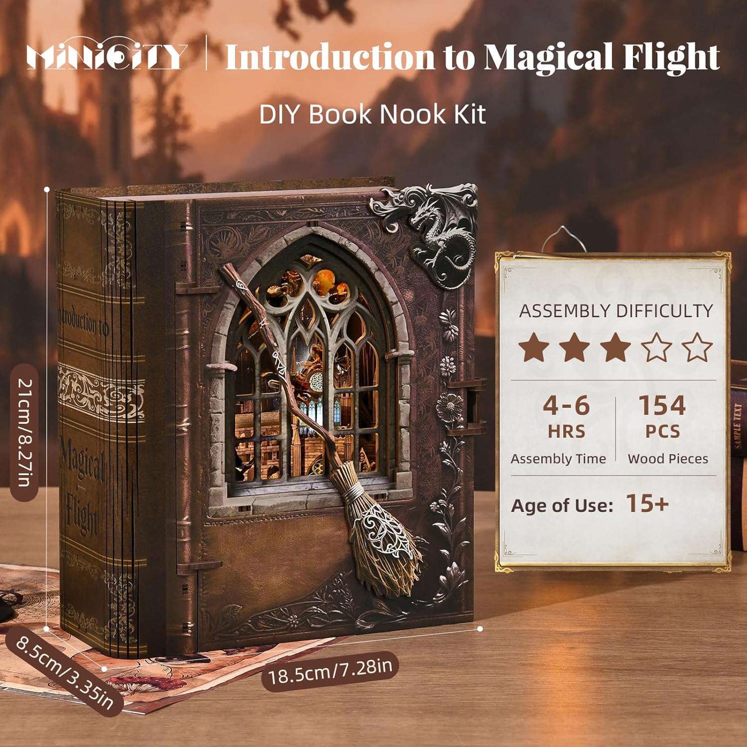 MiniCity Magic Flight Book Nook Kit, DIY 3D Wooden Puzzle Bookend with LED Light, Wizarding Academy Miniature House Kit, Fantasy Bookshelf Decor for Adults & Teens (Introduction to Magical Flight)