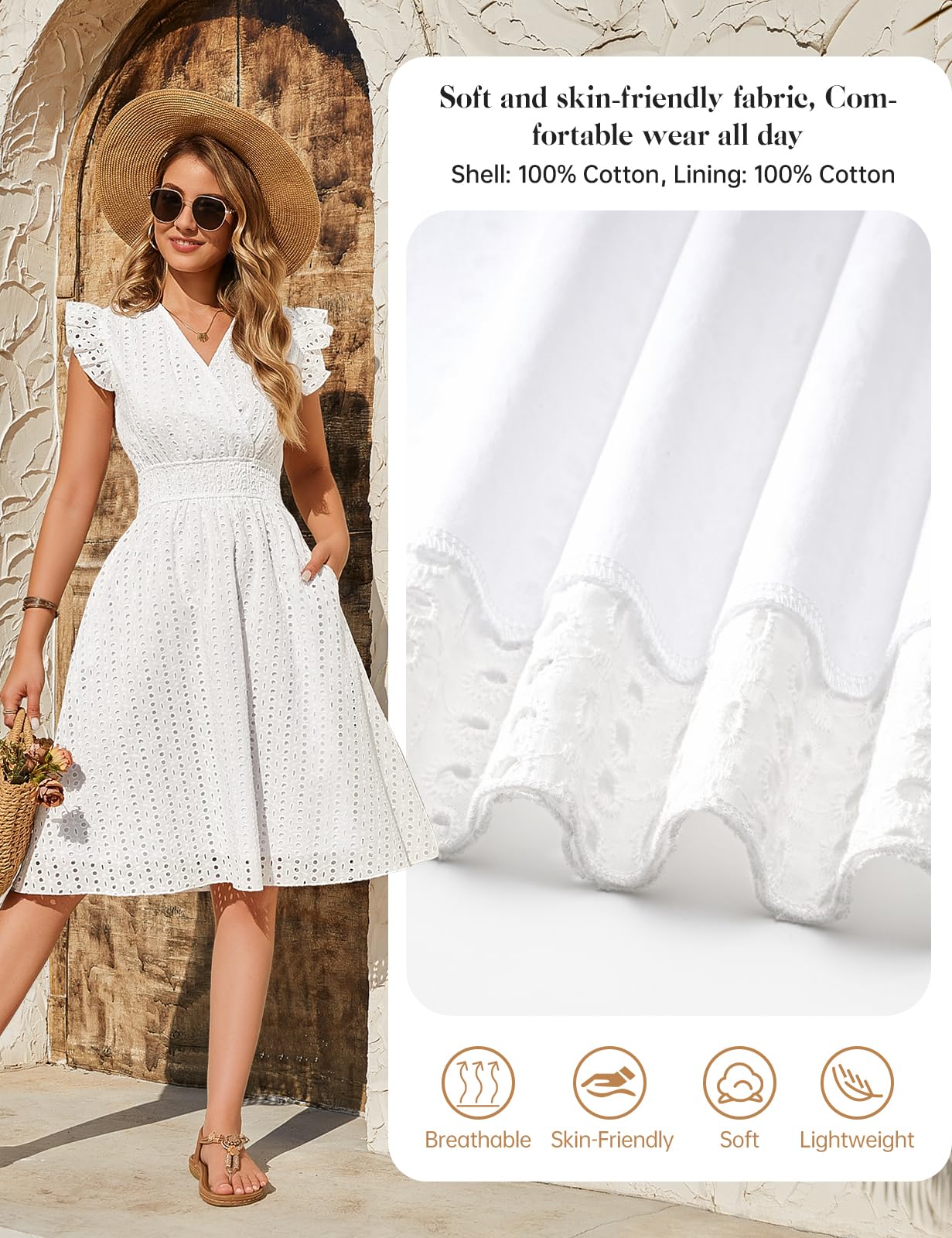 Vestidos Verano Mujer Sin Mangas Vestidos Corto Cuello en V Algodón Elegante Dress de Manga con Volantes Cintura Alta Elástica Mini Vestido de Playa Sueltos Casual con Bolsillos