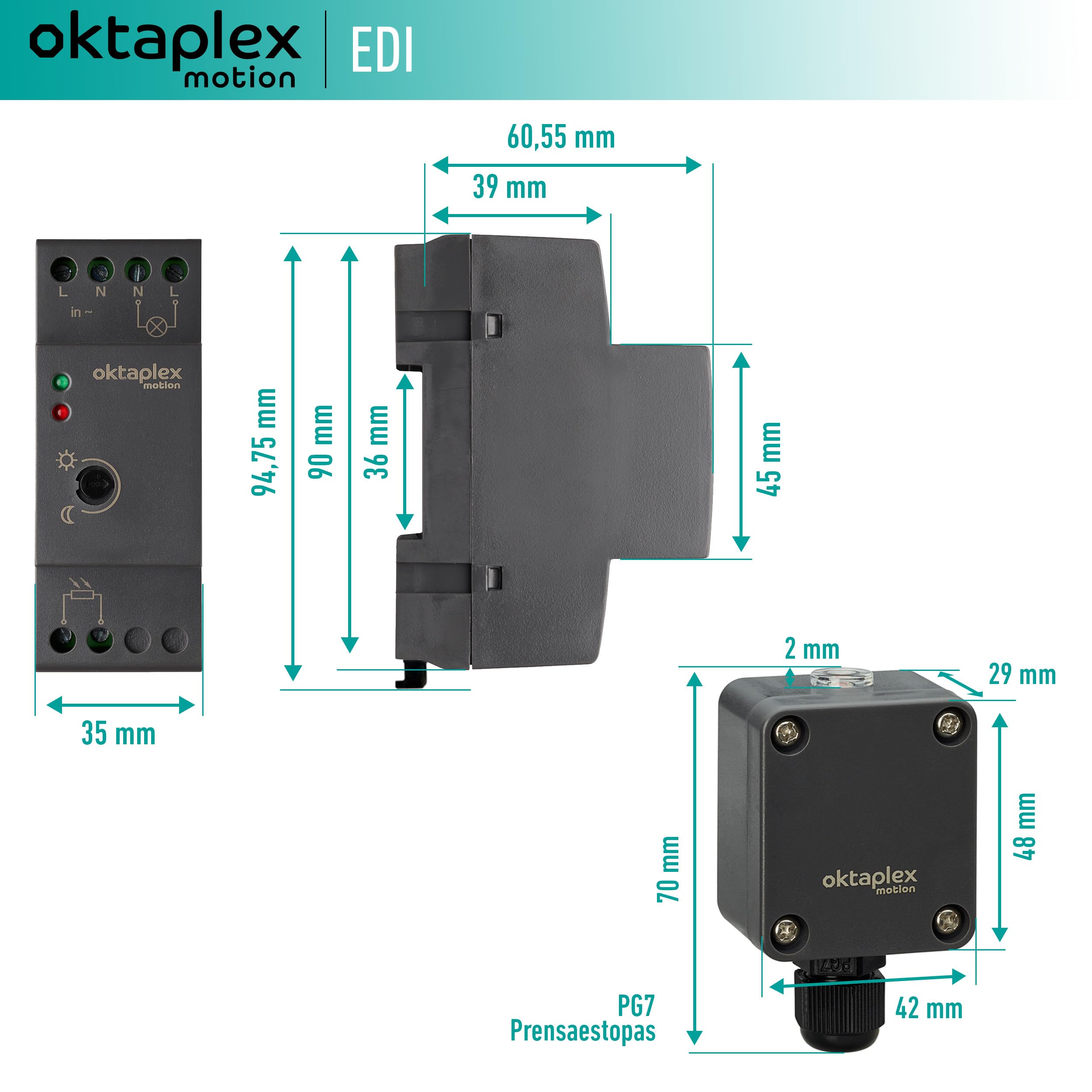 Oktaplex Set de 2 EDI Interruptor crepuscular riel Sombrero 35mm 230V Externo Sensor crepuscular IP65 Exterior Antracita