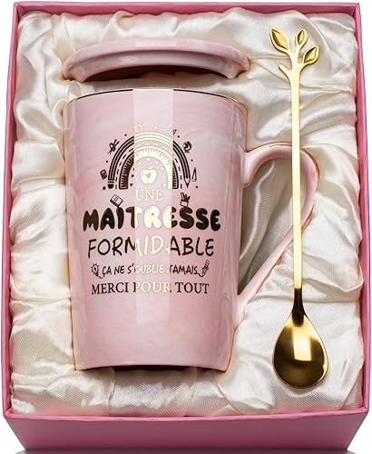 Mug coffret Merci Maîtresse céramique marbrée cuillère carte