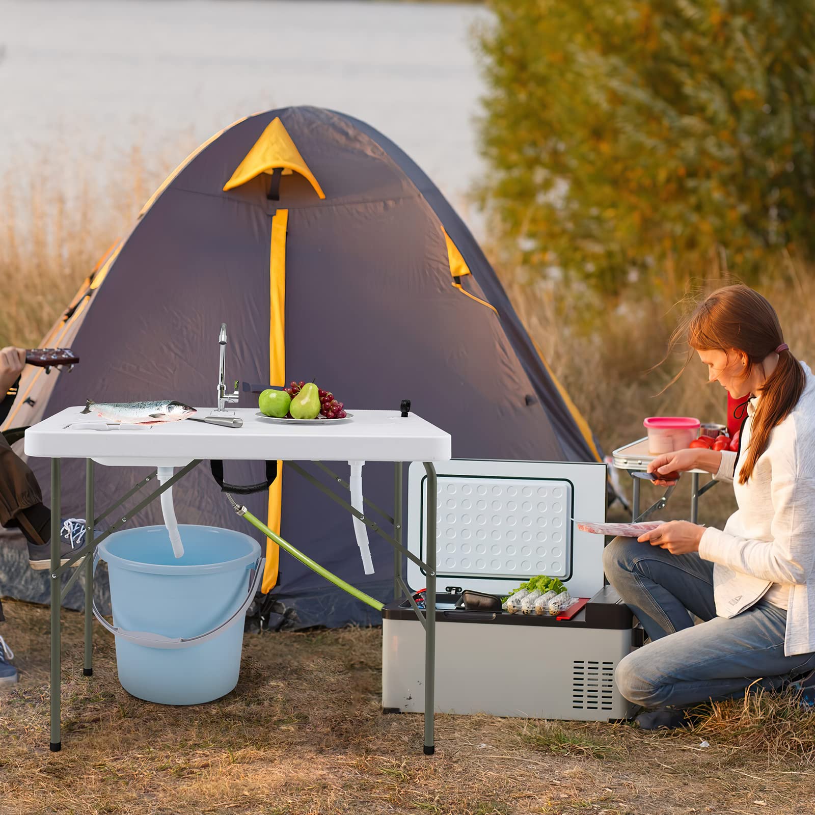 COSTWAY Mesa Plegable Camping, 2 en 1 Mesa+Estación de Limpieza, Grifo Giratorio 360°y 2 Fregaderos para Pesca, Picnic Portátil para Camping, Pesca, Barbacoa, 101,5 x 65,5 x 107,5 cm(Estilo 4)