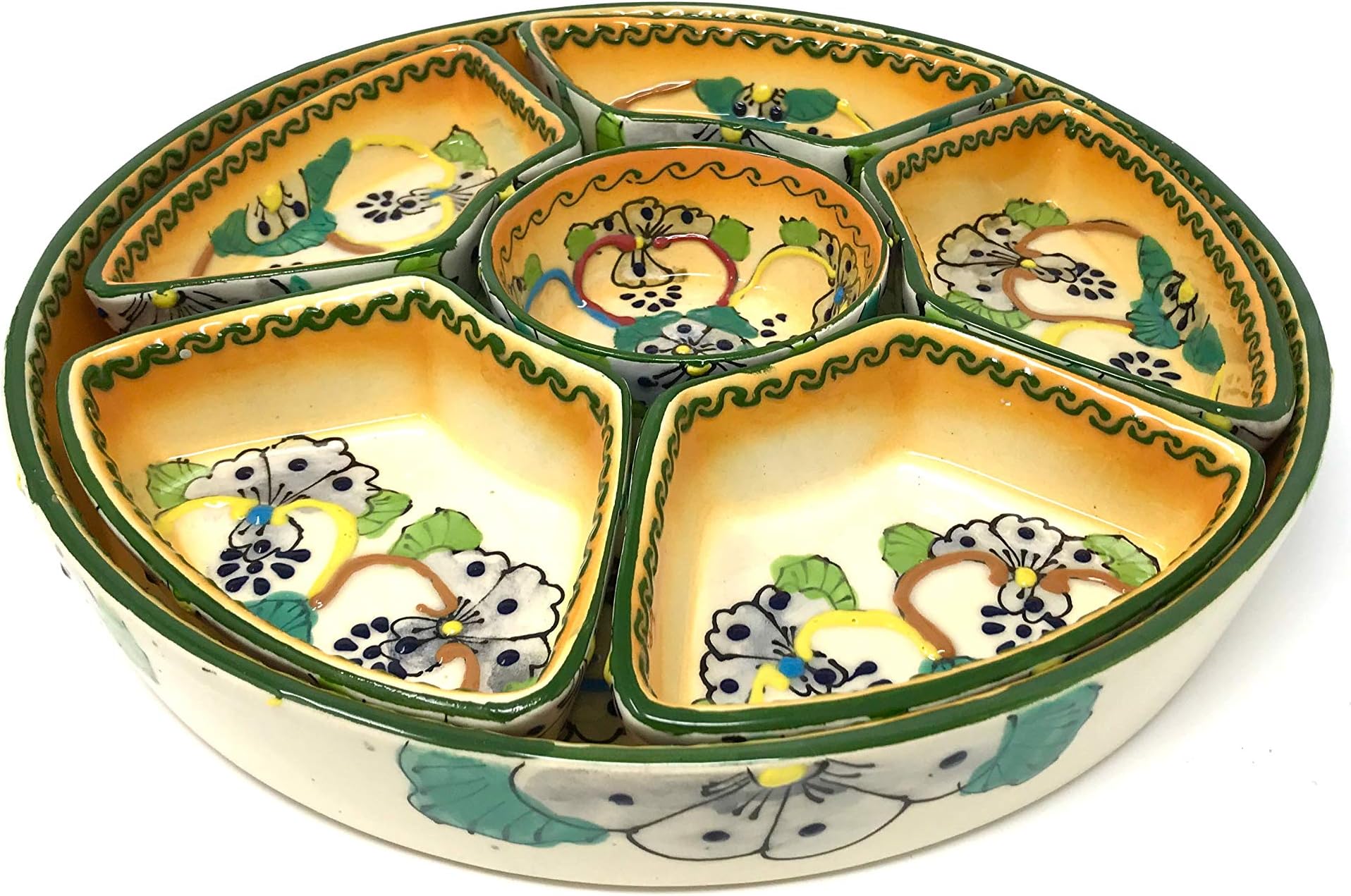 12 inch Mexican Talavera Ceramic Taco Platter with Six Nesting Salsa Bowls