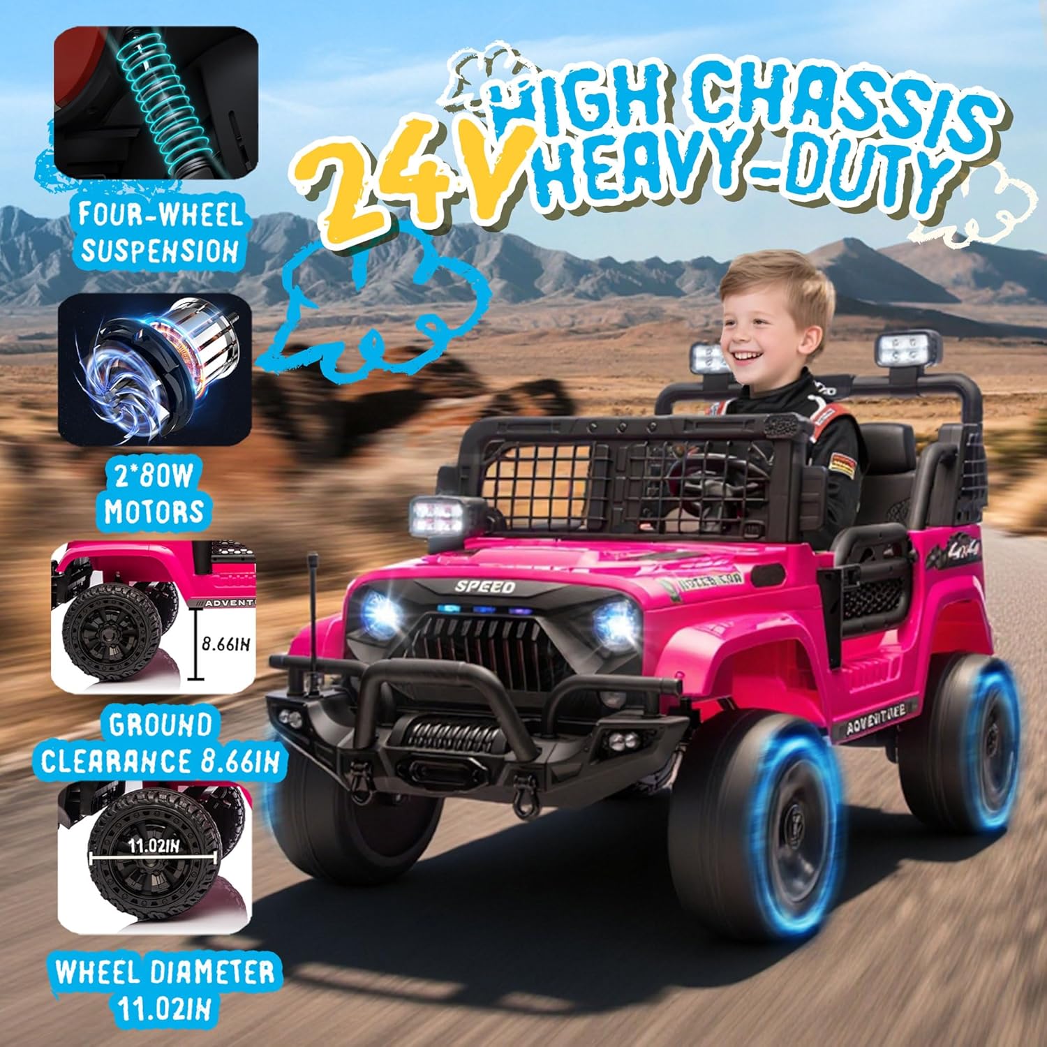 24V Ride on Toys for Big Kids, 2 Seater Ride On Car with Remote Control, Ride on Truck w/ 4-Wheeler Suspension, LED Headlights, Battery Indicator, Bluetooth, 3 Speed, Electric Car for Ages 3-8, Pink