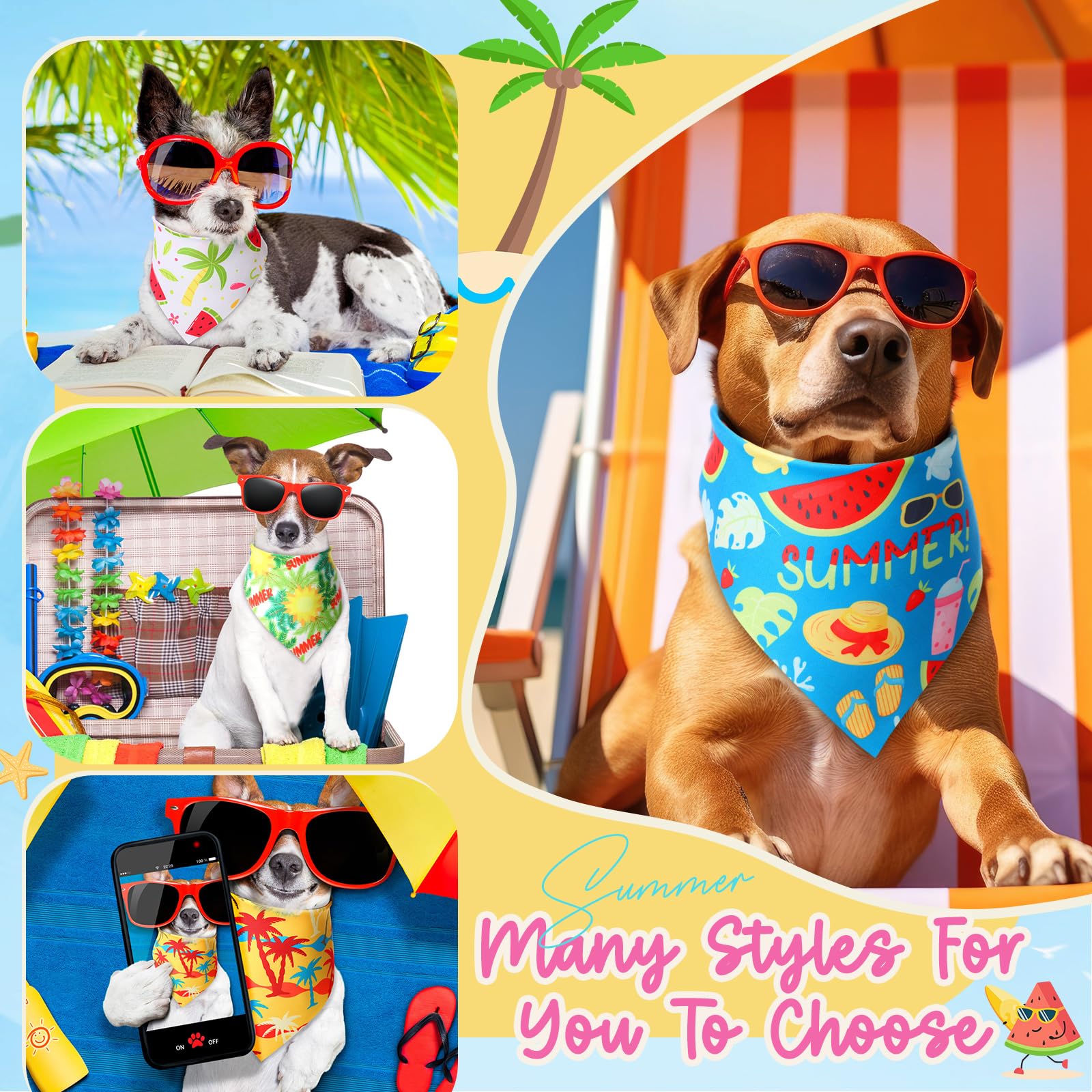 Preboun Lot de 200 bandanas d'été hawaïens en vrac pour chien – Ensemble de foulards à fruits pour chiots d'été de petite, moyenne et grande taille (63,5 x 43,2 cm, 17,8 x 43,2 cm)