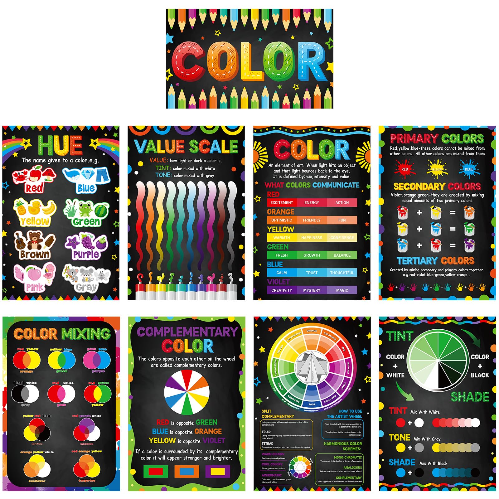 Outus 9 Pcs Art Posters Classroom Decoration Color Theory Knowledge Bulletin Board Set Elements of Art Design Educational Wall Door Decor for Elementary Middle High School Teacher Supplies