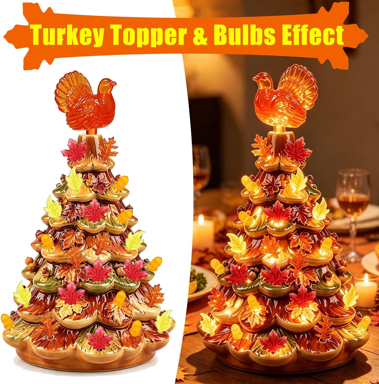 Thanksgiving Light Bulbs for Ceramic Tree, Decor Set Includes Acorns, Sycamore, Maple Leaves, Oak Leaves, Caramel Maple Tree Topper & Turkey Treetops