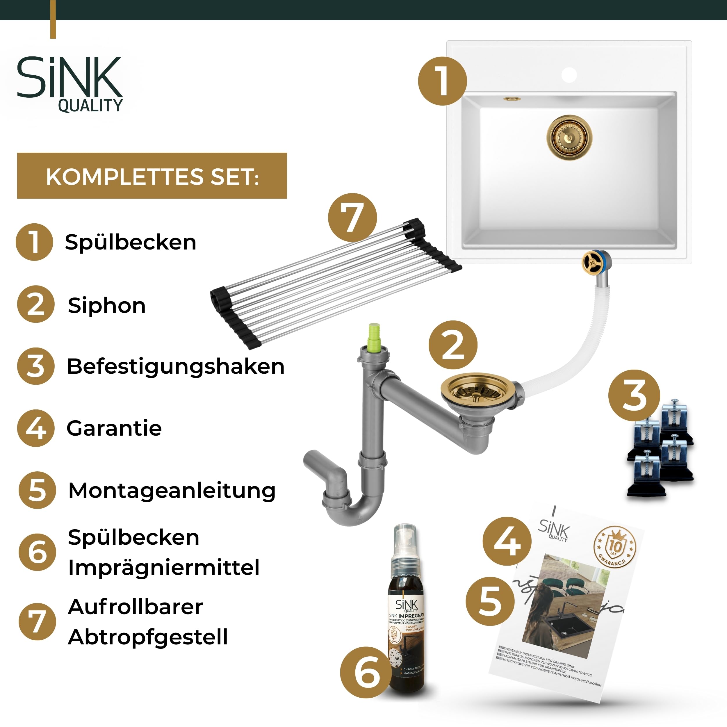 SINK QUALITY zlewozmywak granitowy biały 56 x 51 cm – zlewozmywak granitowy ze złotym syfonem i impregnacją – zlewozmywak do szafek od 60 cm szerokości – pojedynczy zlew do zabudowy – umywalka do