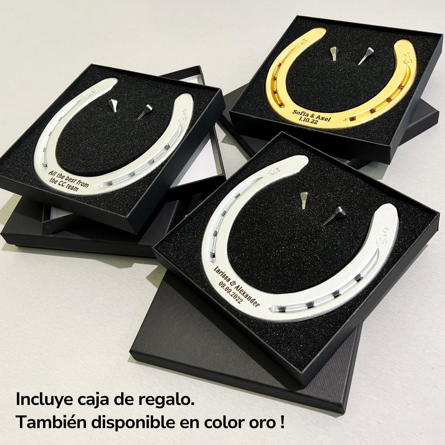 Dttra Herradura con grabado personalizado de hierro pesado, herradura original de caballo, lacada en plata, herradura de la suerte personalizada para boda o regalo de inauguración
