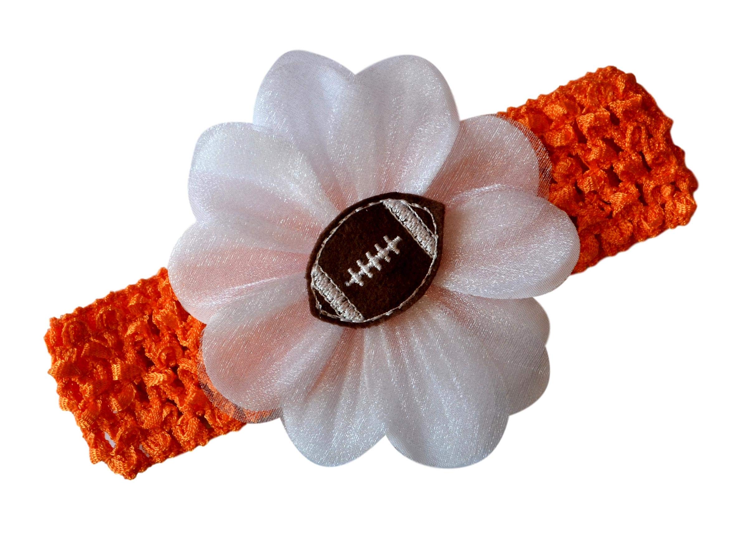 Funny Girl Designs Baby Embroidered Felt Football Team Flower Headband Fits Newborns to Toddlers (Orange Band/Brown Ball)
