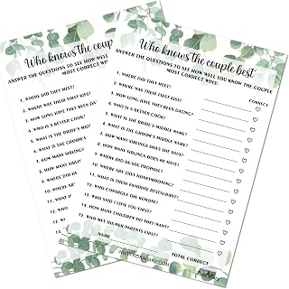 RokAPary Eucalyptus Who Knows The Couple Best, Wedding, Bridal Shower, Bachelorette or Engagement Party Game, Couples Guessing Play Pack of 50 Cards 5”x7” Made in USA