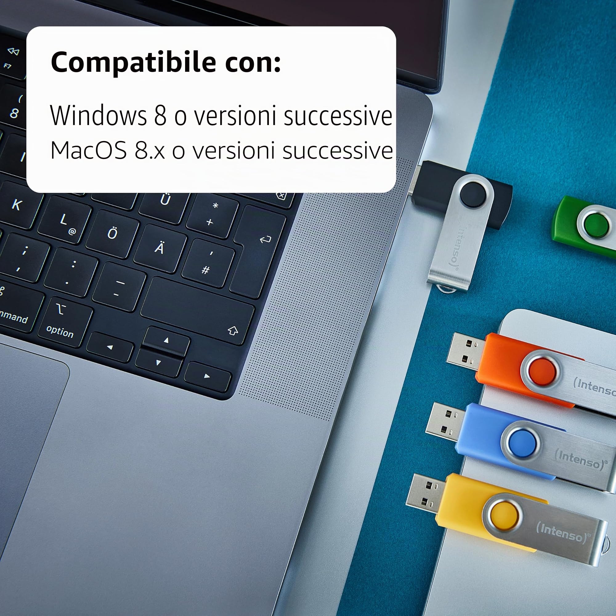 Intenso Basic Line - Chiavette USB 2.0 da 16 GB, con pratica etichetta, giallo, verde, nero, blu + arancione, con staffa in metallo argentato, confezione da 5