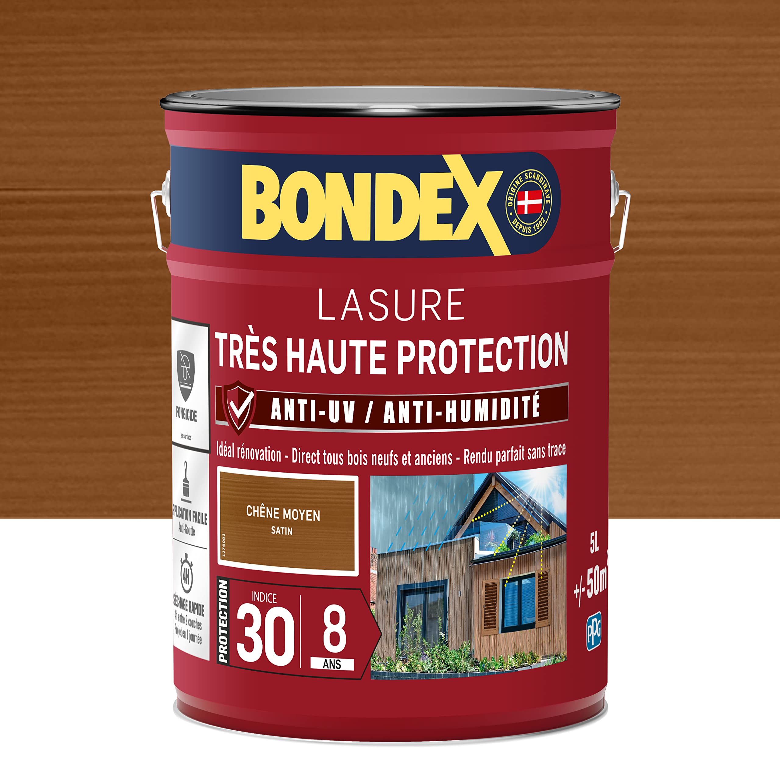 BONDEX - Lasure 2 en 1 Très Haute Protection 8 Ans - Extérieur - Anti-UV/Humidité - Application facile - Séchage rapide - Idéal pour rénover et protéger - Satin - 5L - Chêne Moyen