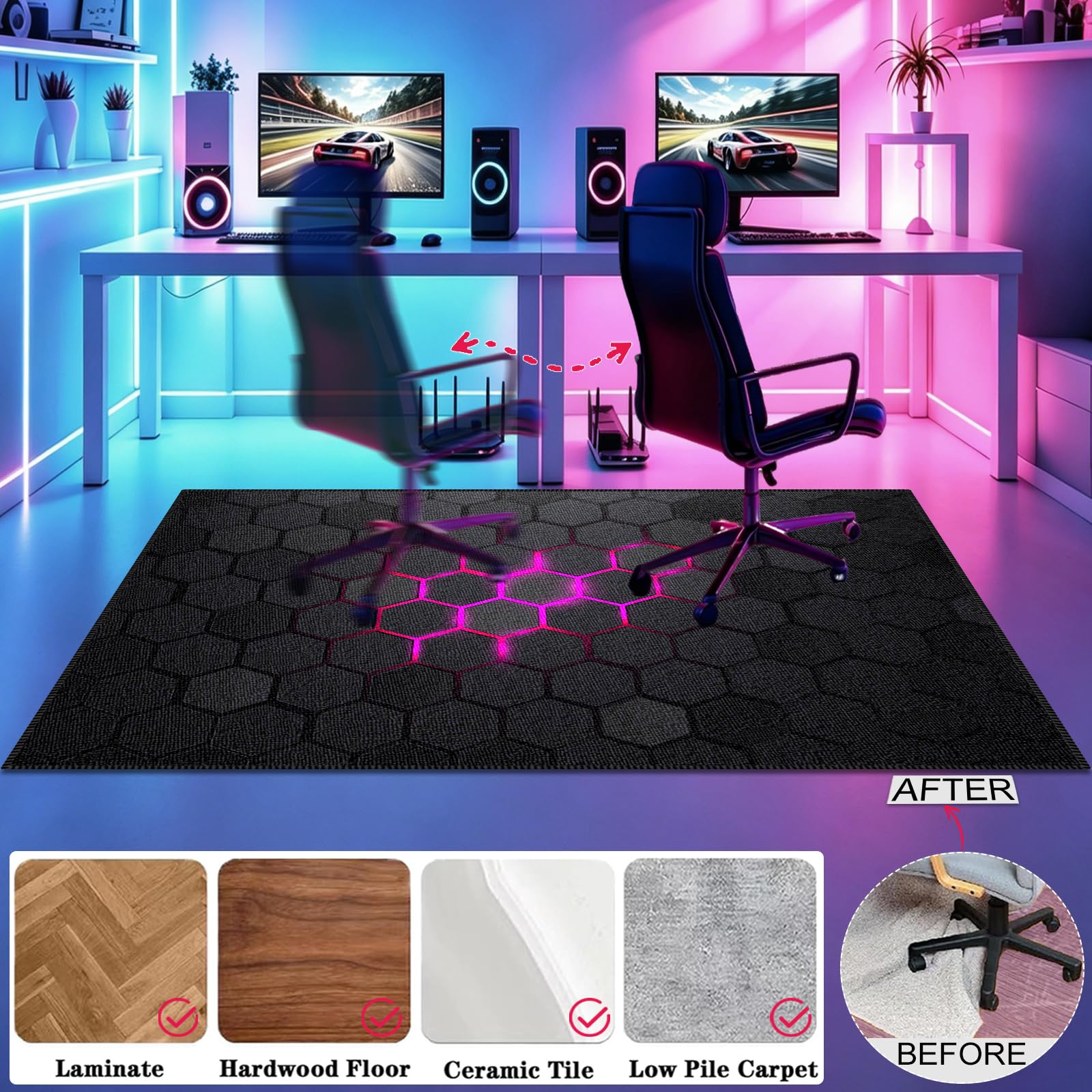Tappeto per Sedia Gaming Ufficio Salvapavimento 90x110cm | Tappetino per Sedia da Gaming per Parquet e Pavimenti Duri, Tappeto per Sedia con Ruote, Riduce il Rumore, Movimento Fluido