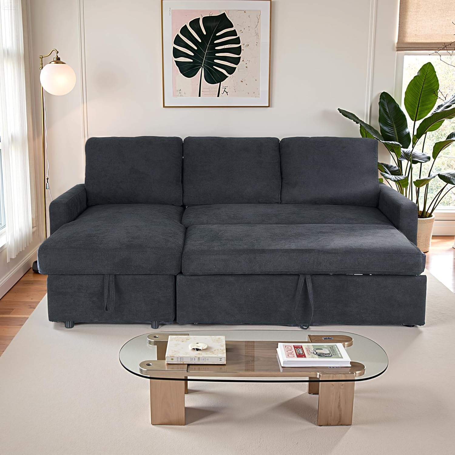 Futon Sofa Bed, Sectional L Shape Couch Pull Out Bed with Storage Function, Comfortable Loveseat Sleeper Sofa Beds Couches for Living Room & Apartment, Dark Gray