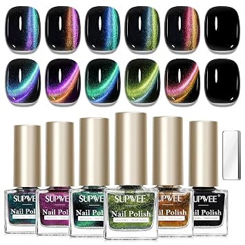9D Magnetic Nail Polish Set, Cat Eye Nail Polish Non Gel with Magnet | Multi-Color Holographic Glitter Cateye Nail Lacquer Quick Dry High Glossy DIY Salon Gift for Women Girl