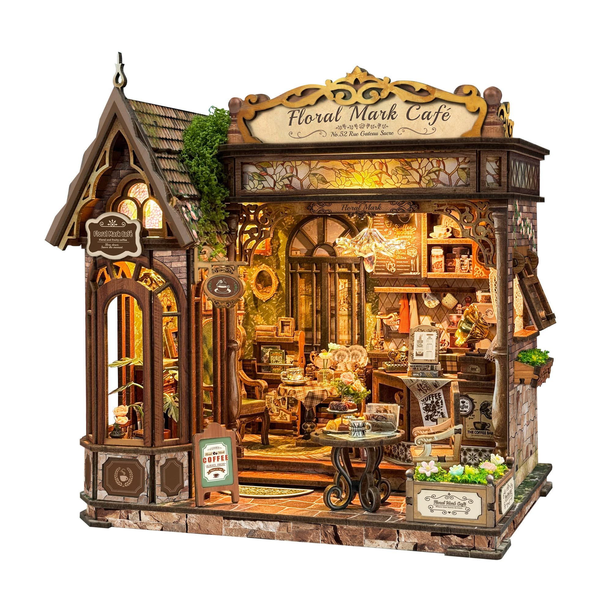 Kit de casa en miniatura DIY para adultos, modelo de madera 3D, juegos de casa de muñecas, decoración del hogar con luz LED, regalo de alivio del estrés para familiares y amigos - Floral