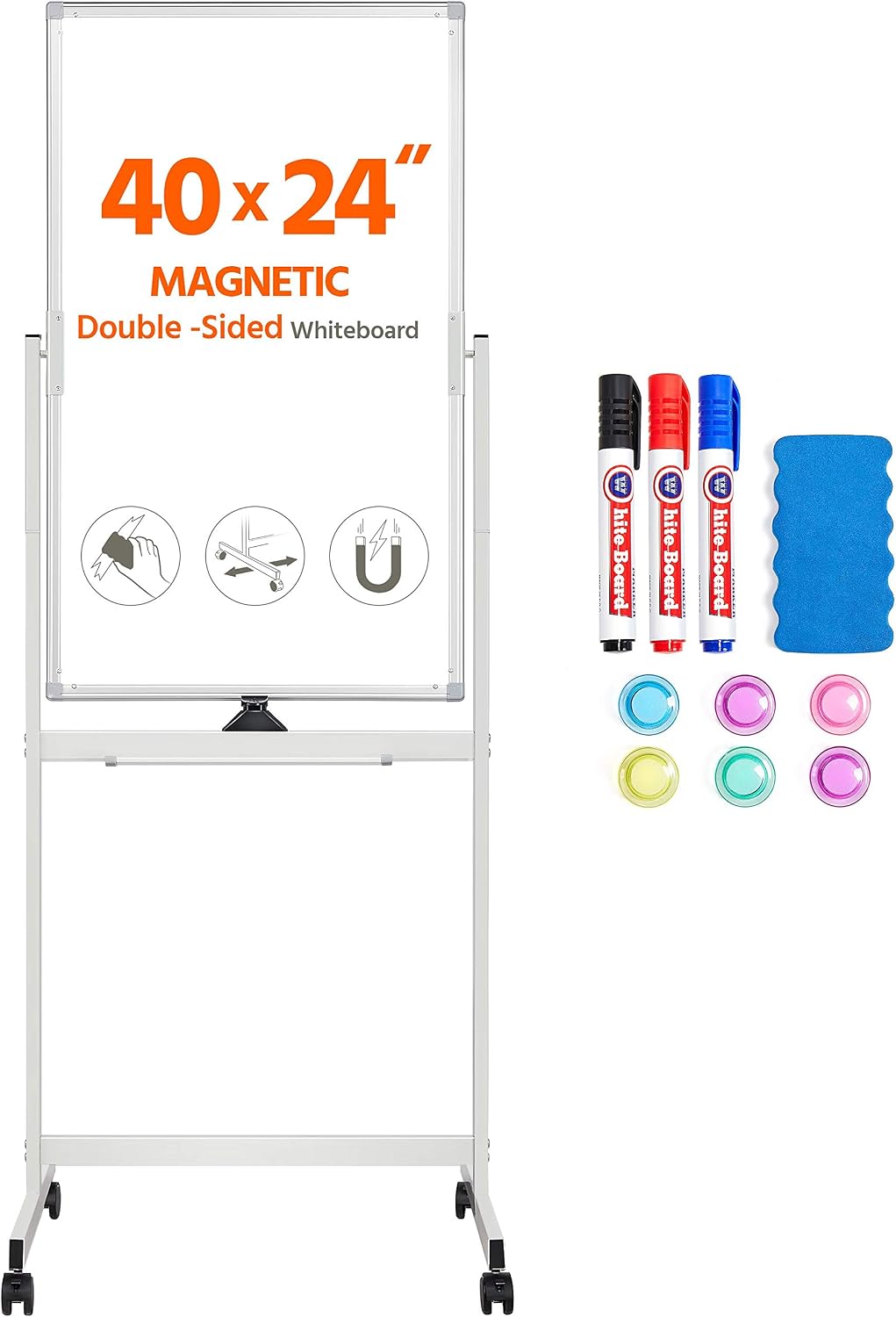 Yaheetech Rolling Magnetic Easel Whiteboard 40 x 24 Inch, Double Sided Dry Erase Board with Stand, Portable Large White Board Flipchart Board, Silver Aluminum Frame