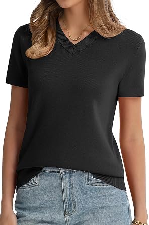 QUALFORT Womens Short Sleeve Sweaters, V-Neck and Crew Neck