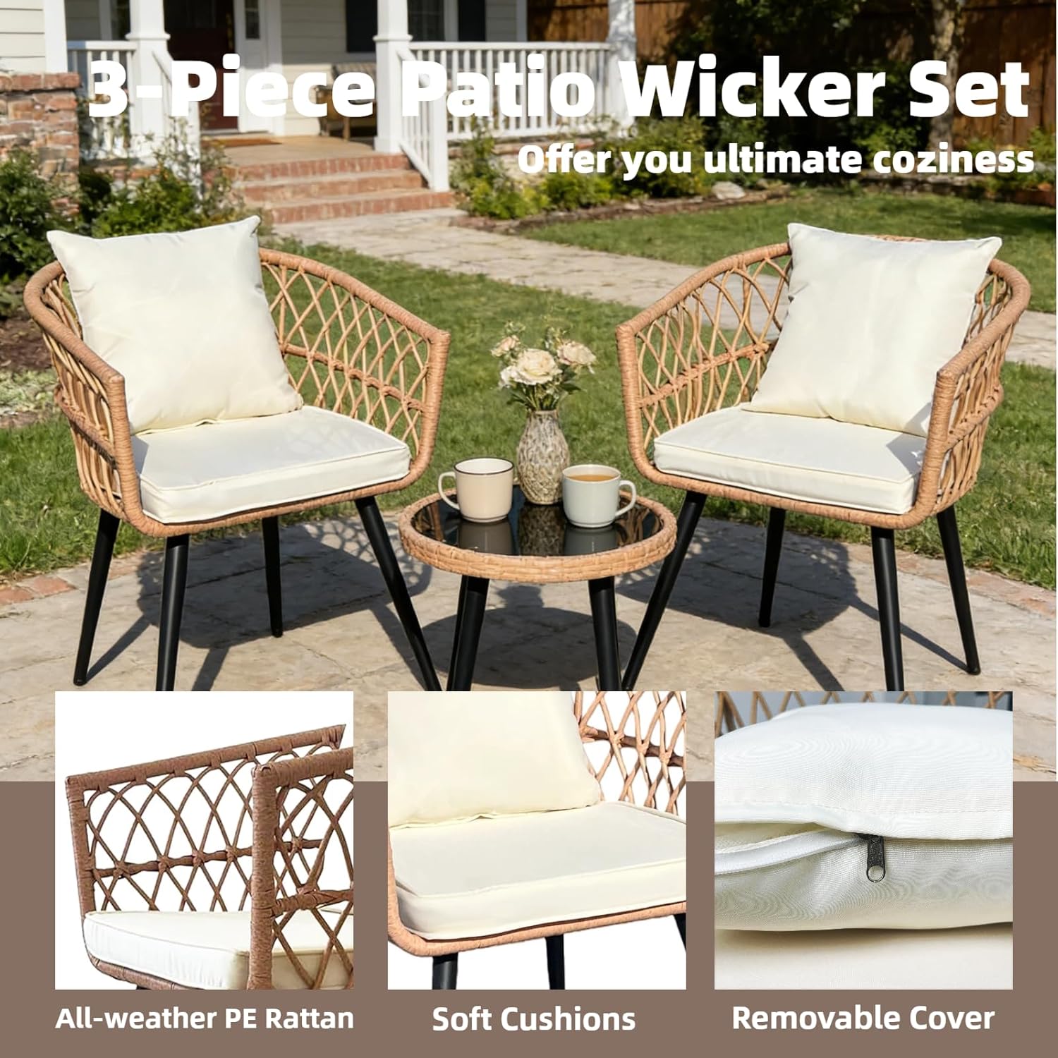 3 Piece Patio Furniture Set, Outdoor Wicker Balcony Furniture Sets, All-Weather Rattan Outdoor Bistro Set for Backyard, Balcony and Deck with Soft Cushions, Glass Side Table(Beige)