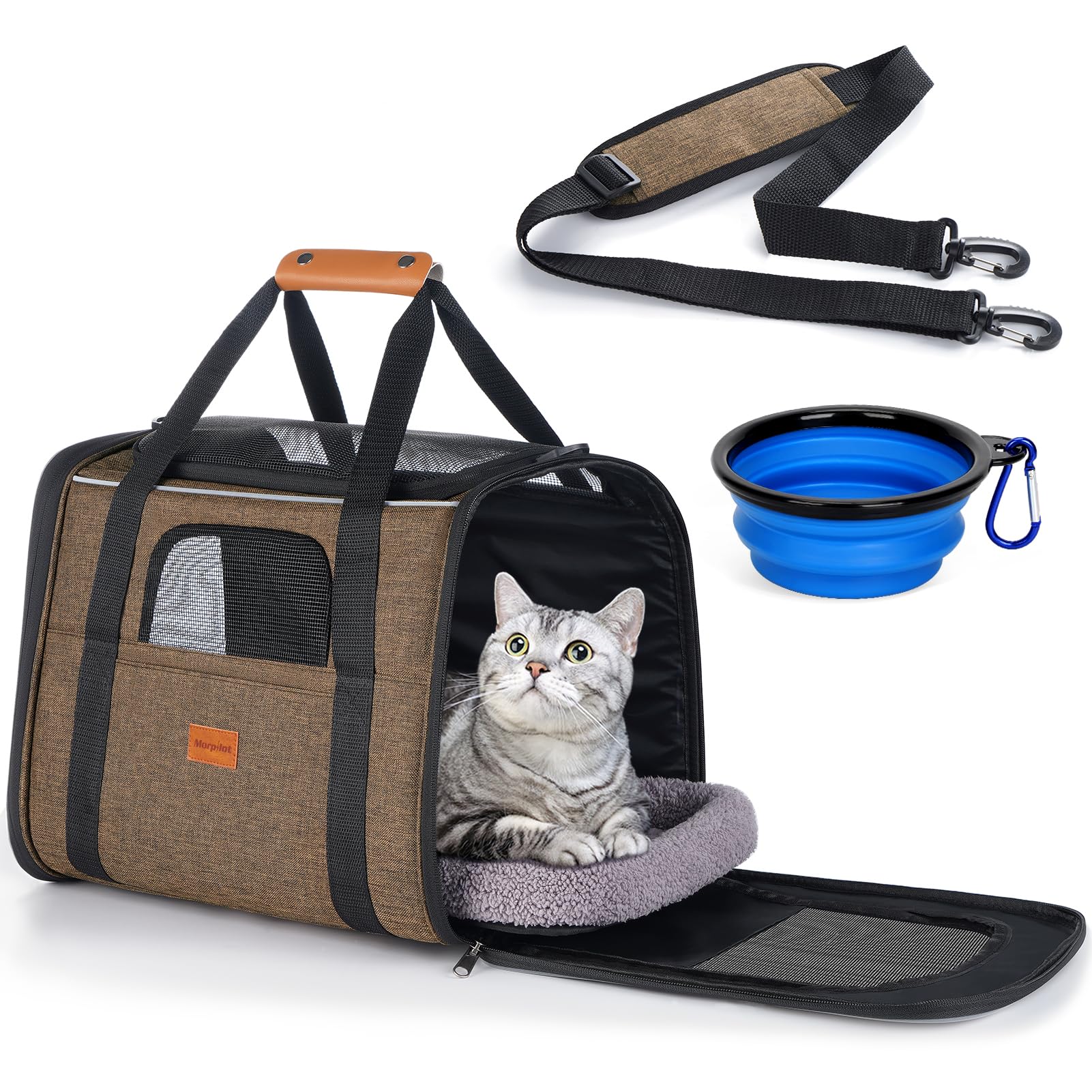 Morpilot Cat Carrier - Airline Approved, Top Opening Portable Dog Bag with Breathable Mesh/Removable Mat, Adjustable Shoulder Strap & Bowl, Foldable Travel Cage, M, Brown (Max 7kg)