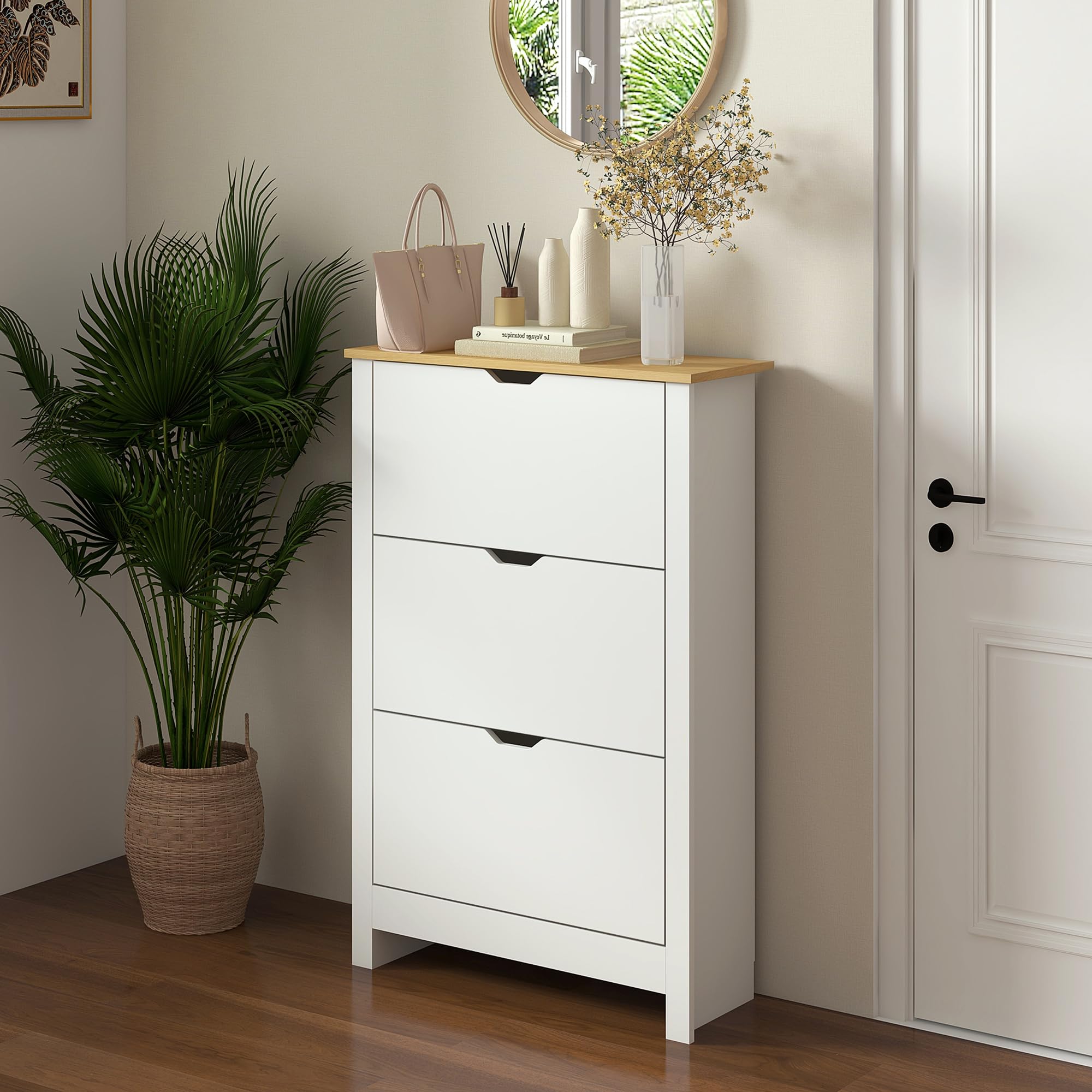 HOMCOM Schoenenkast Schoenenrek met 3 kleppen voor 18 paar schoenen - Ruimtebesparende schoenenstandaard voor hal, entree - Wit Natuurlijk - 72 x 26 x 112 cm