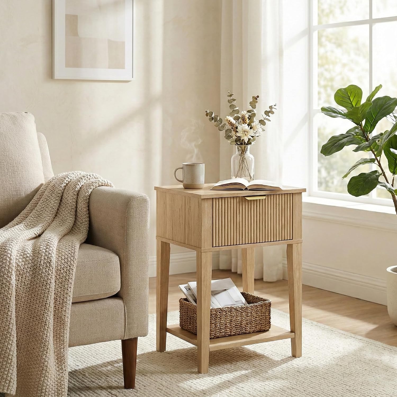 Fluted Wood Nightstand with Drawer, Small 12" Shallow Depth Bedside Table, Boho Japandi Compact Accent End Table, 15" W x 12" D x 23" H, Oak