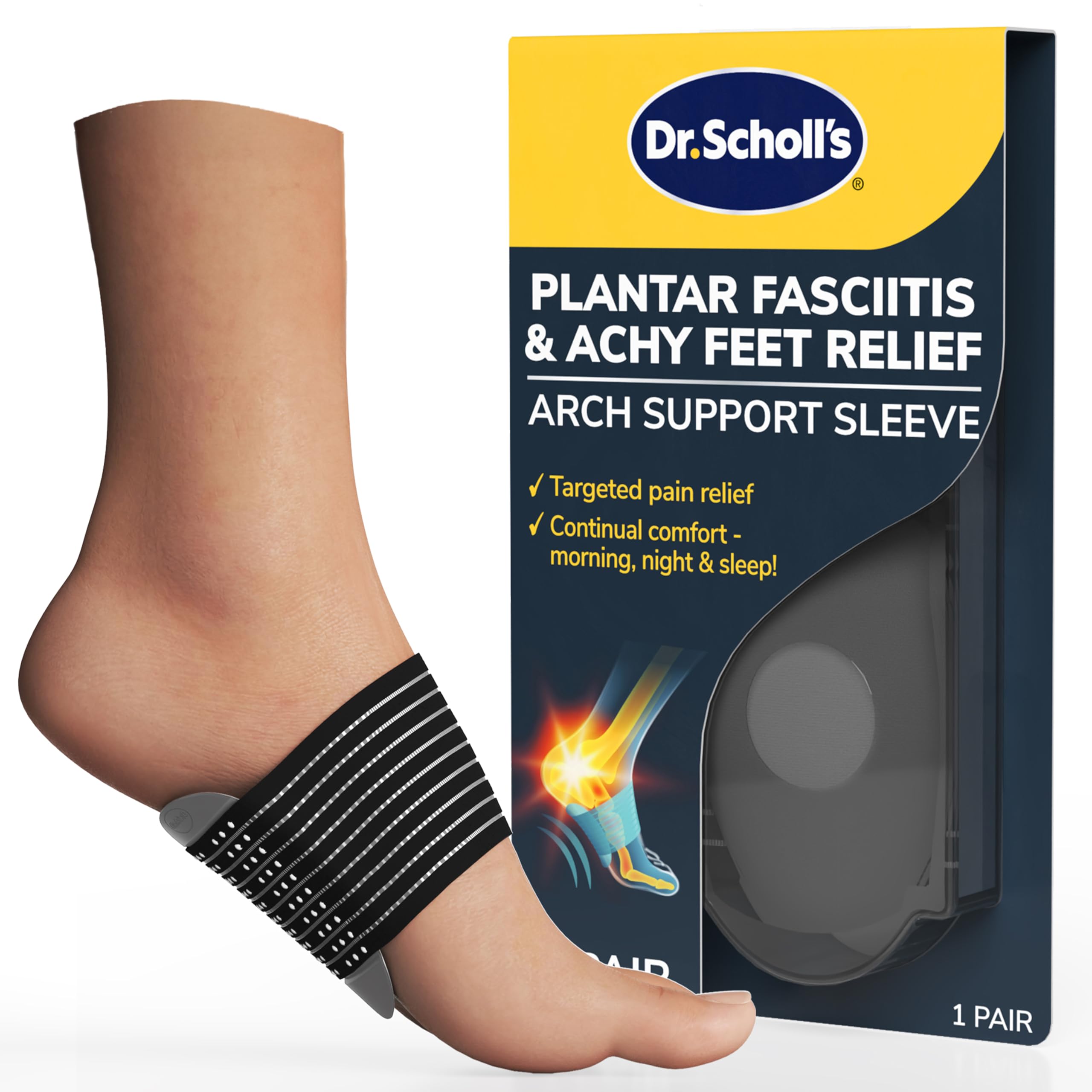 Dr. Scholl's® Plantar Fasciitis & Achy Feet Relief Arch Support Sleeve, Cushioned Arch Support, Compression Band, Foam Pad Insert, Non Slip Sole, All-Day Wear Morning to Night, Unisex 1 Pair