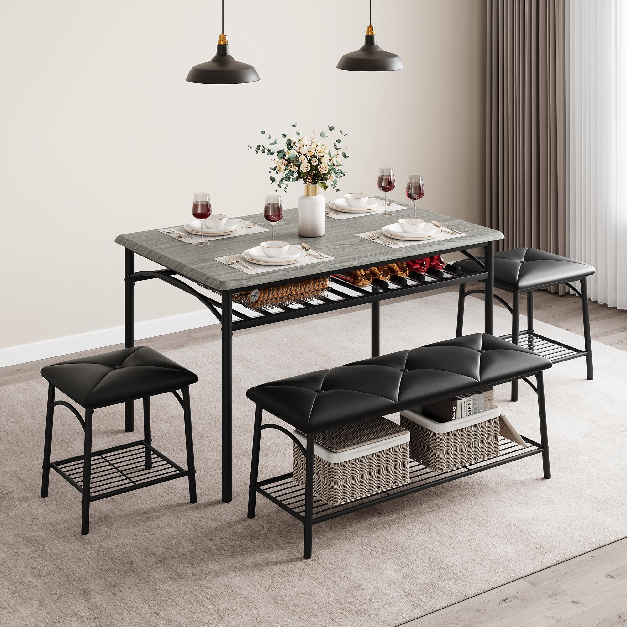 OUTGOODS Modern Dining Set for 4 with Storage - Kitchen Table, 2 Chairs & 1 Bench, Space-Saving Metal Frame Design for Small Spaces, Apartments &