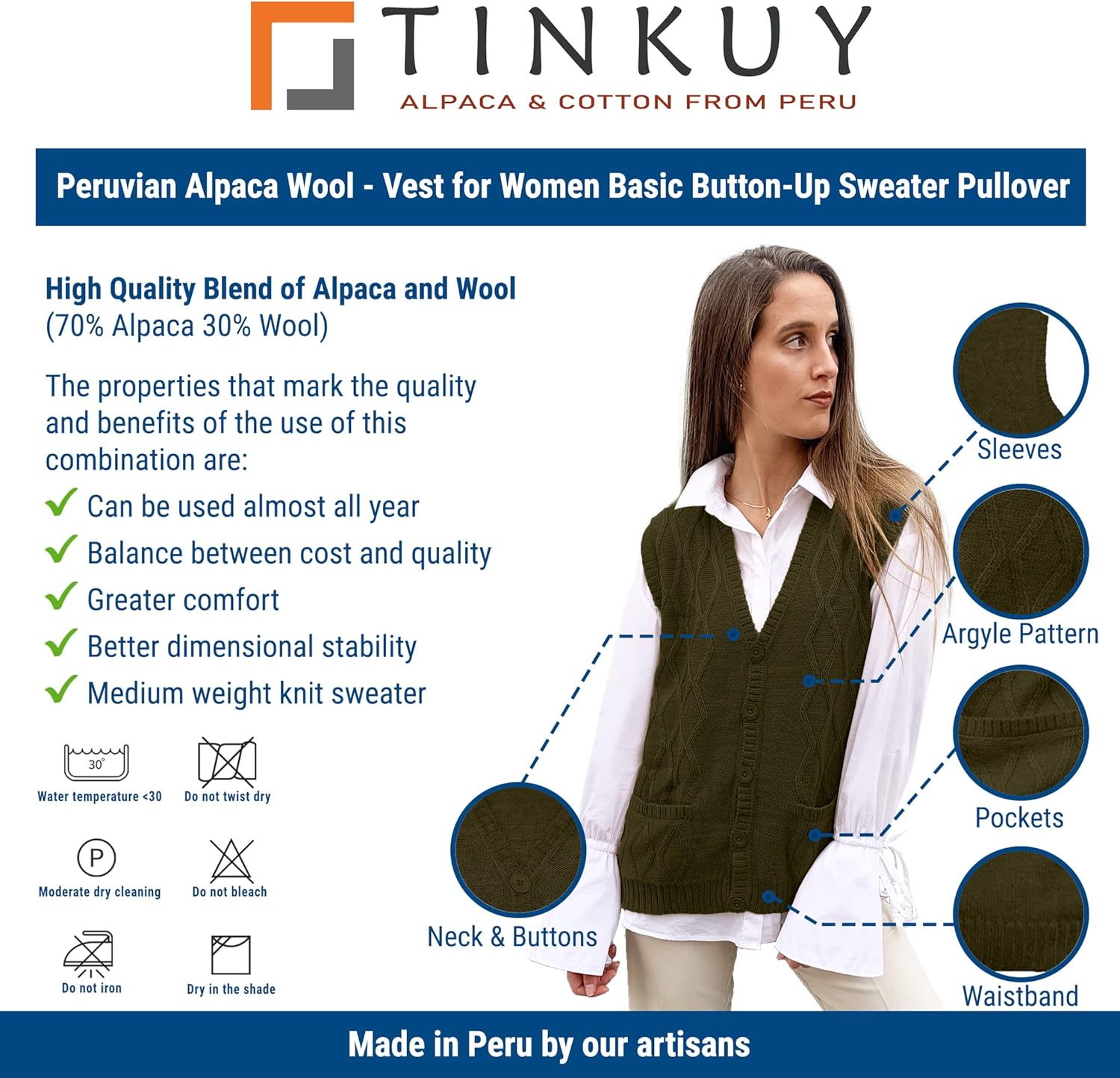 TINKUY Peru Women’s Alpaca Wool V Neck Argyle Cardigan Vest S-4XL - Image 5