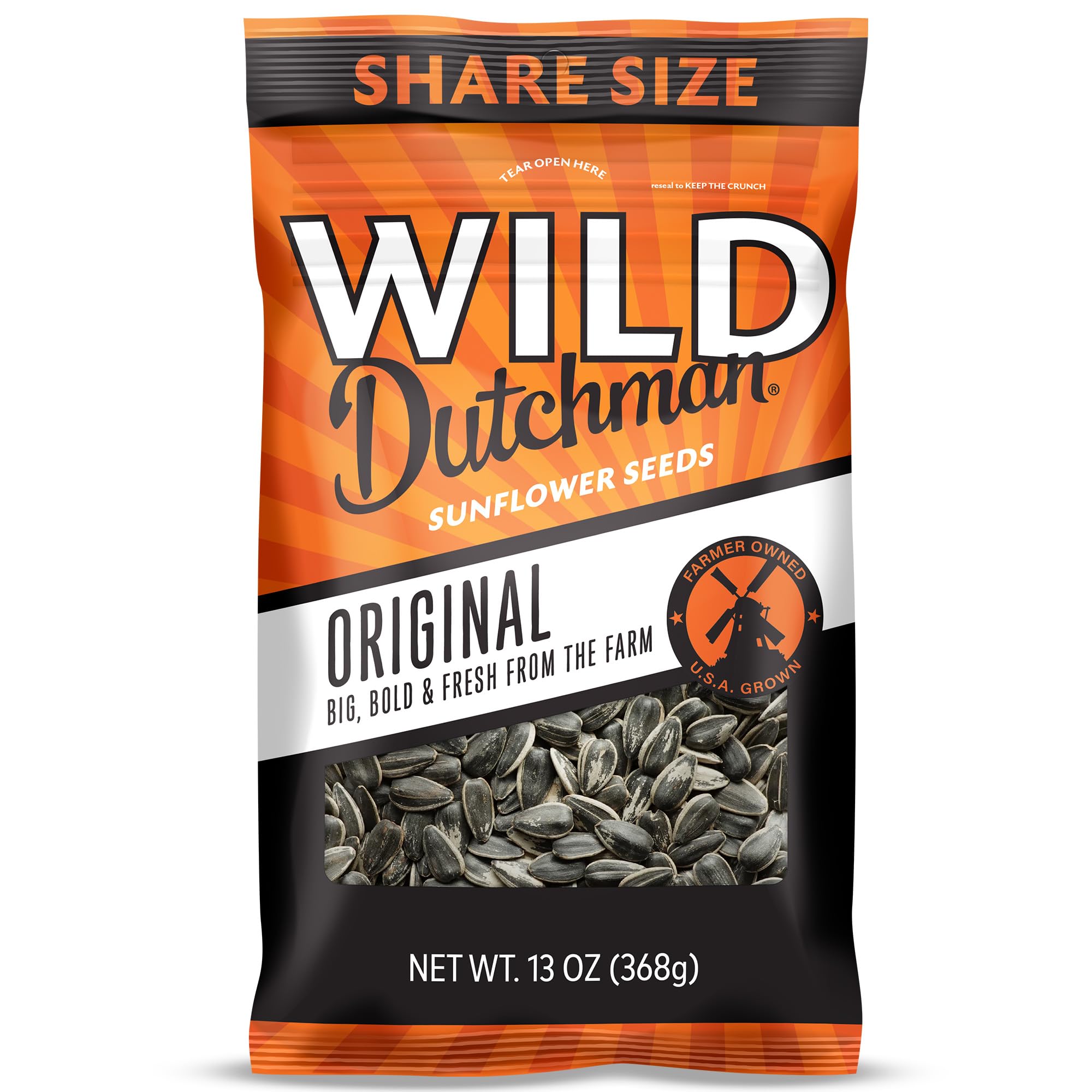 Wild Dutchman Roasted Sunflower Seeds in a Resealable Bag for Ultimate Freshness and an Easy Pour Snack, Salted Original Flavor, 13 oz (Pack of 12)