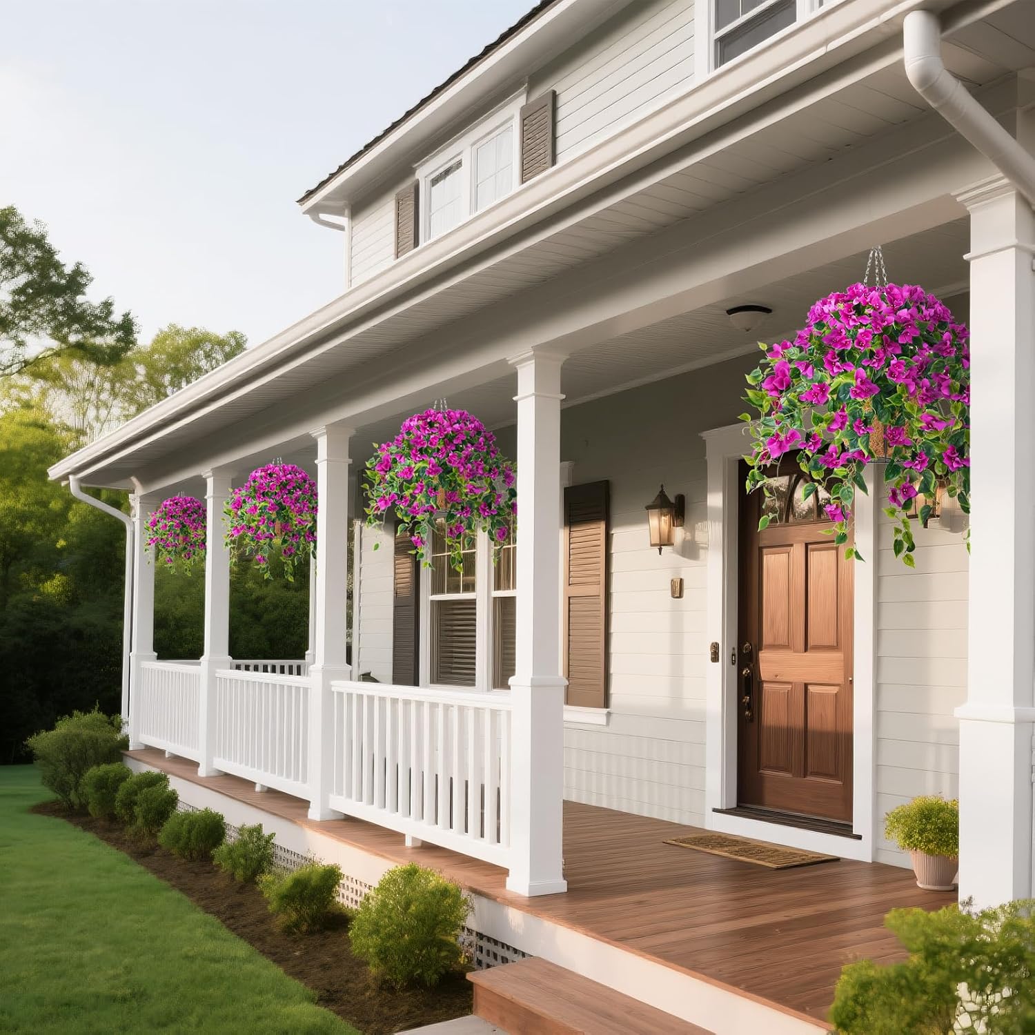 Homsunny Artificial Hanging Flowers Plants Basket for Outdoor Decoration,4 PCS Faux Silk Bougainvillea Vine Flowers Look Real UV Resistant for Outside Porch Patio Yard Garden Decor (Purple) - Image 4