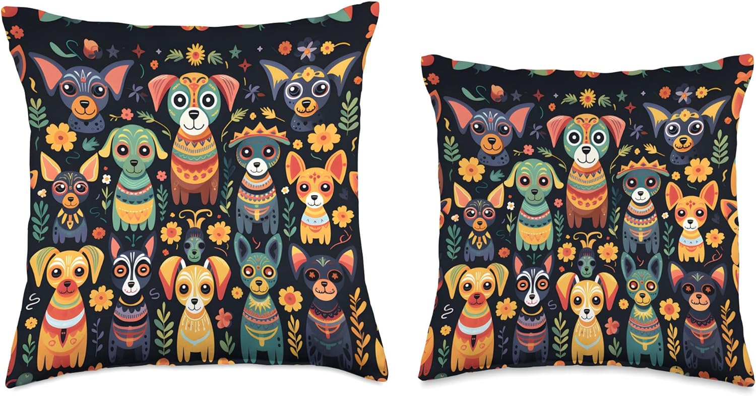 Sugar Skull Style Dogs Mexican Day of The Dead Festival Throw Pillow