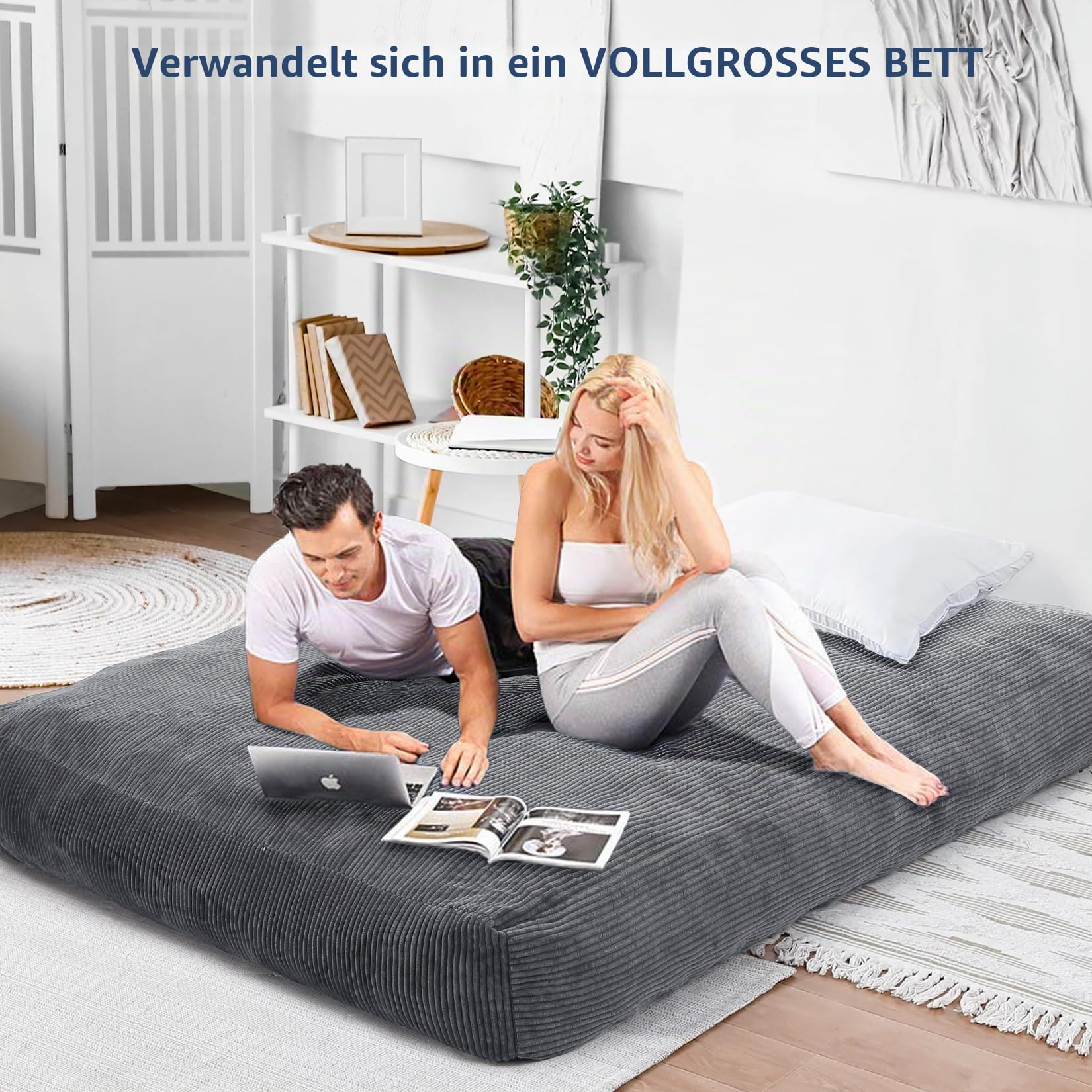 Sitzsack-Bett 200x150x25 cm, Umwandelbar Von XXL Sitzsack-Sessel Zu Bett, Mit Waschbarem Cordbezug, Komfortabler Schaumstoff-Füllung & Seitentasche, Für Wohnzimmer Schlafzimme Gaming, Hellgrau