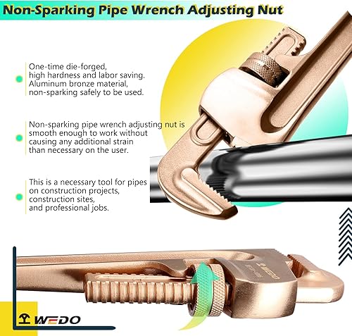 Miniatura 4 de WEDO Llave de tubo sin chispas (longitud 11.811 in, apertura máxima 1.575 in), llave de plomería recta sin chispas, llave de seguridad sin chispas,