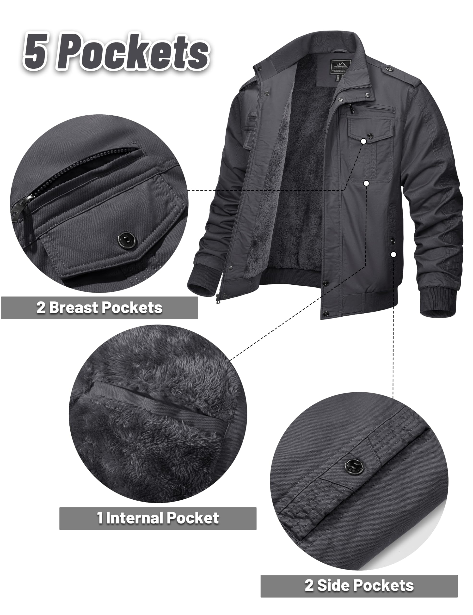 MAGCOMSEN Chaqueta de media temporada para hombre, chaqueta de invierno cálida con interior de forro polar a prueba de viento, chaqueta de carga, cuello alto, chaqueta táctica militar estadounidense,
