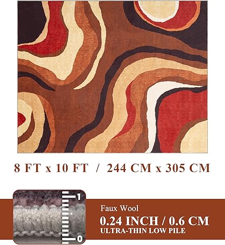 Miniatura 7 de YIHOUSE Alfombra naranja quemada lavable de 8 x 10 pies, Alfombras para Salas, alfombras retro estilo granja marrones, alfombra ondulada abstracta