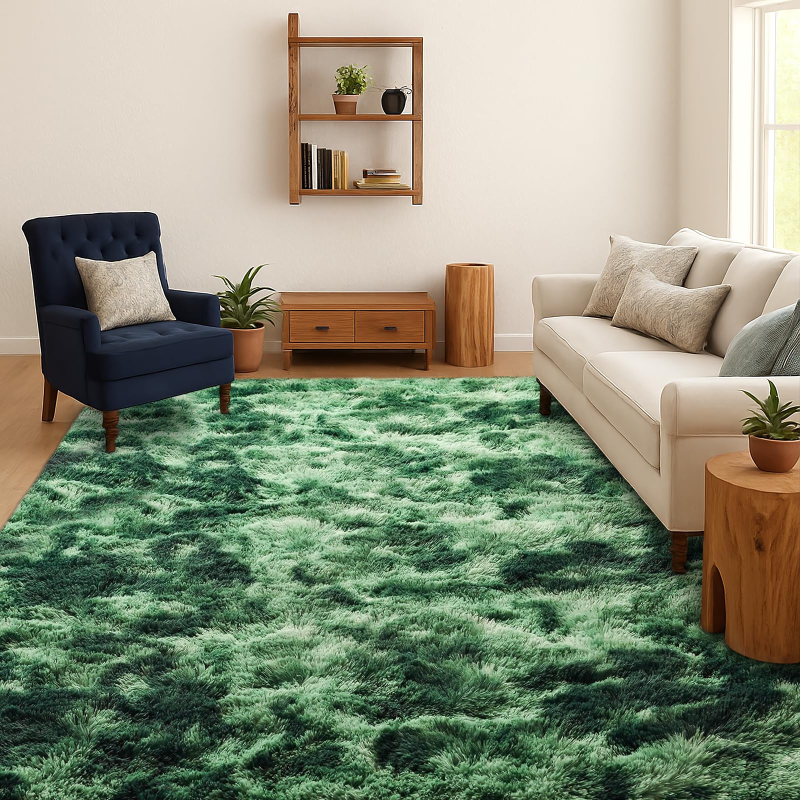 SOANNY Hochflor Wohnzimmer Teppich, Waschbar Anti-Rutsch & Flauschig, Tie-Dye Langflor Shaggy Teppiche für Schlafzimmer & Kinderzimmer, Bettvorleger Matte, 160 x 230 cm, Grün