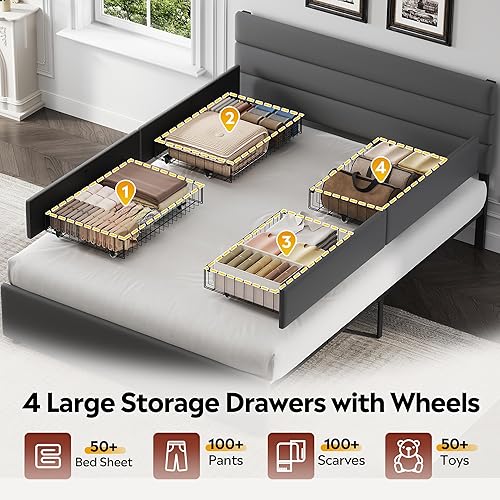 Miniatura 4 de WLIVE Base de cama tapizada tamaño Queen con 4 cajones de almacenamiento y cabecero, marco de cama de plataforma de terciopelo, soporte de listones