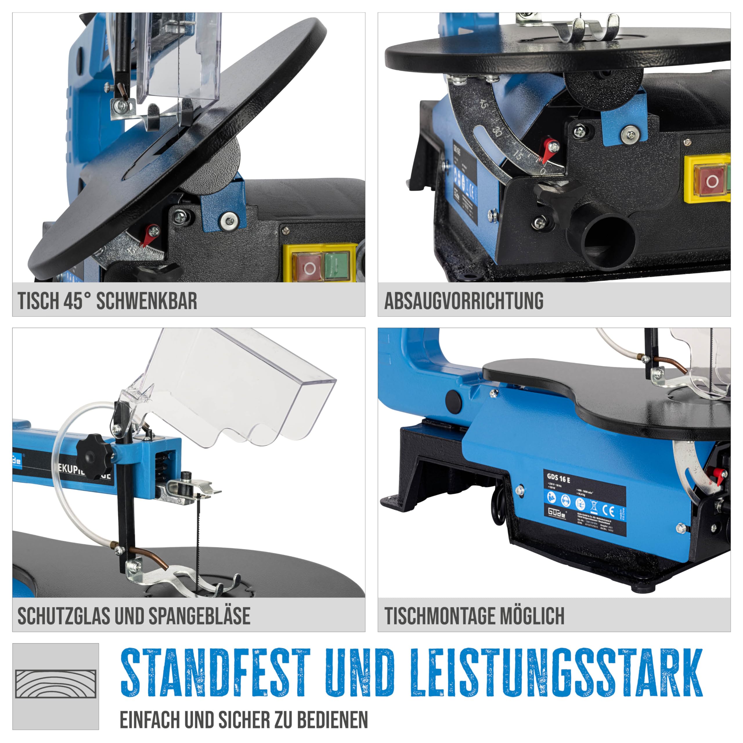 Güde Dekupiersäge GDS 16 E (120 W, stufenlose Drehzahlregulierung, Tisch 45° schwenkbar, Grundgestell aus Stahlguss, Absaugvorrichtung, für Feinschnitte, inkl. 3x Sägeblättern, Testurteil gut)
