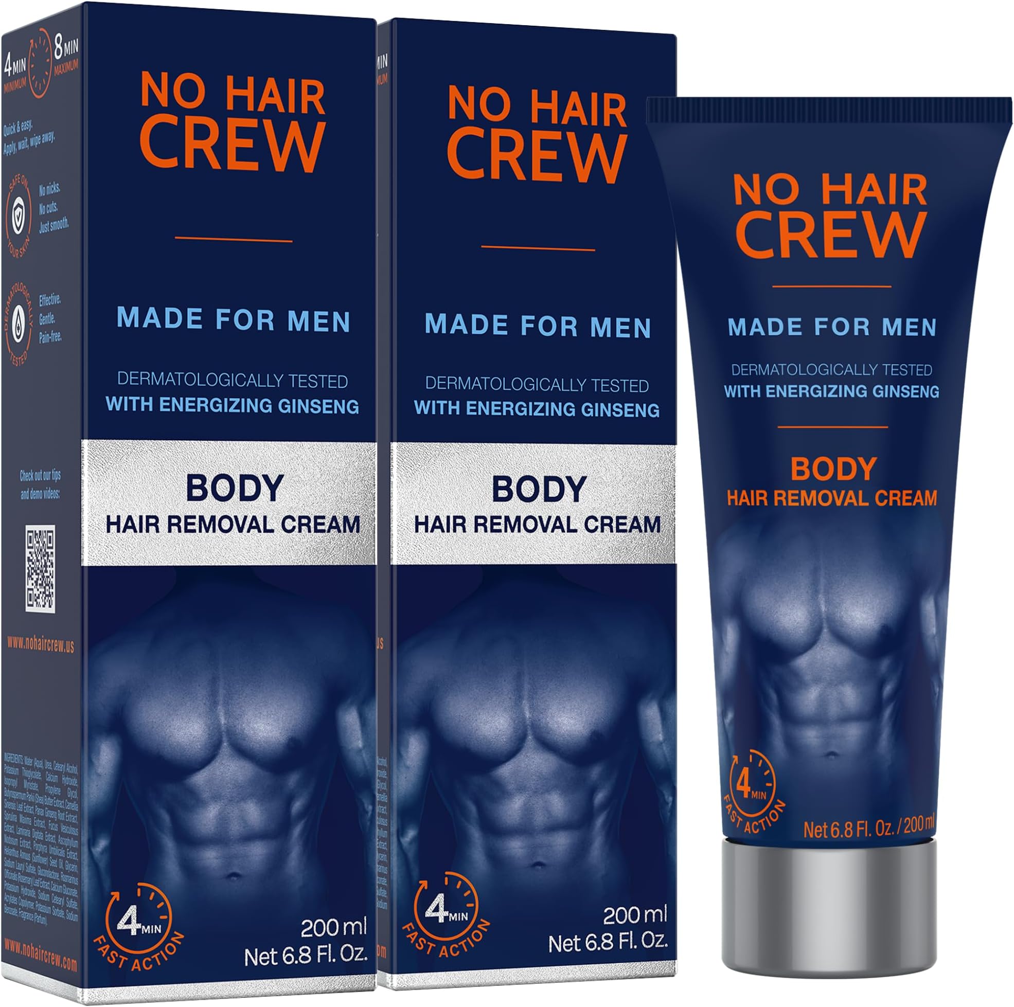 No Hair Crew Body At Home Hair Removal Cream for Manscaping Unwanted Hair with Energizing Ginseng, Premium Depilatory, Painless & Flawless, Made for Men, 200ml (2 Pack)