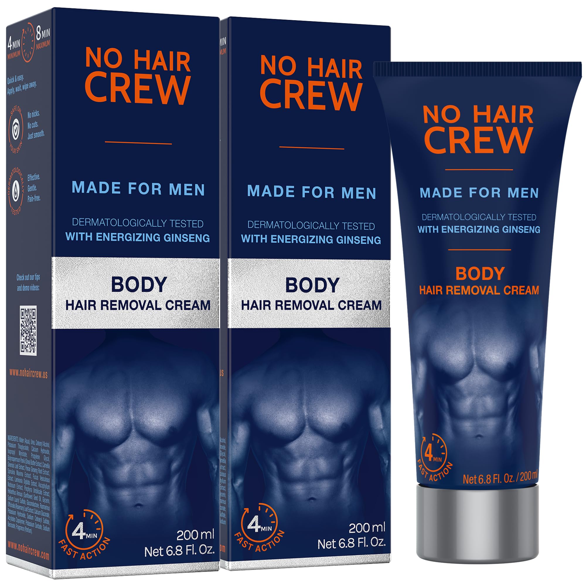 NO HAIR CREWBody At Home Hair Removal Cream for Manscaping Unwanted Hair with Energizing Ginseng, Premium Depilatory, Painless & Flawless, Made for Men, 200ml (2 Pack)
