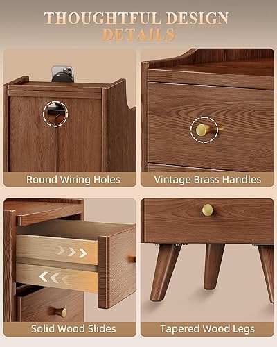 Miniatura 4 de Mesita de noche estrecha con cajones, mesa de noche delgada de madera maciza de 11.8 pulgadas con estante abierto y orificio para cable, armario de