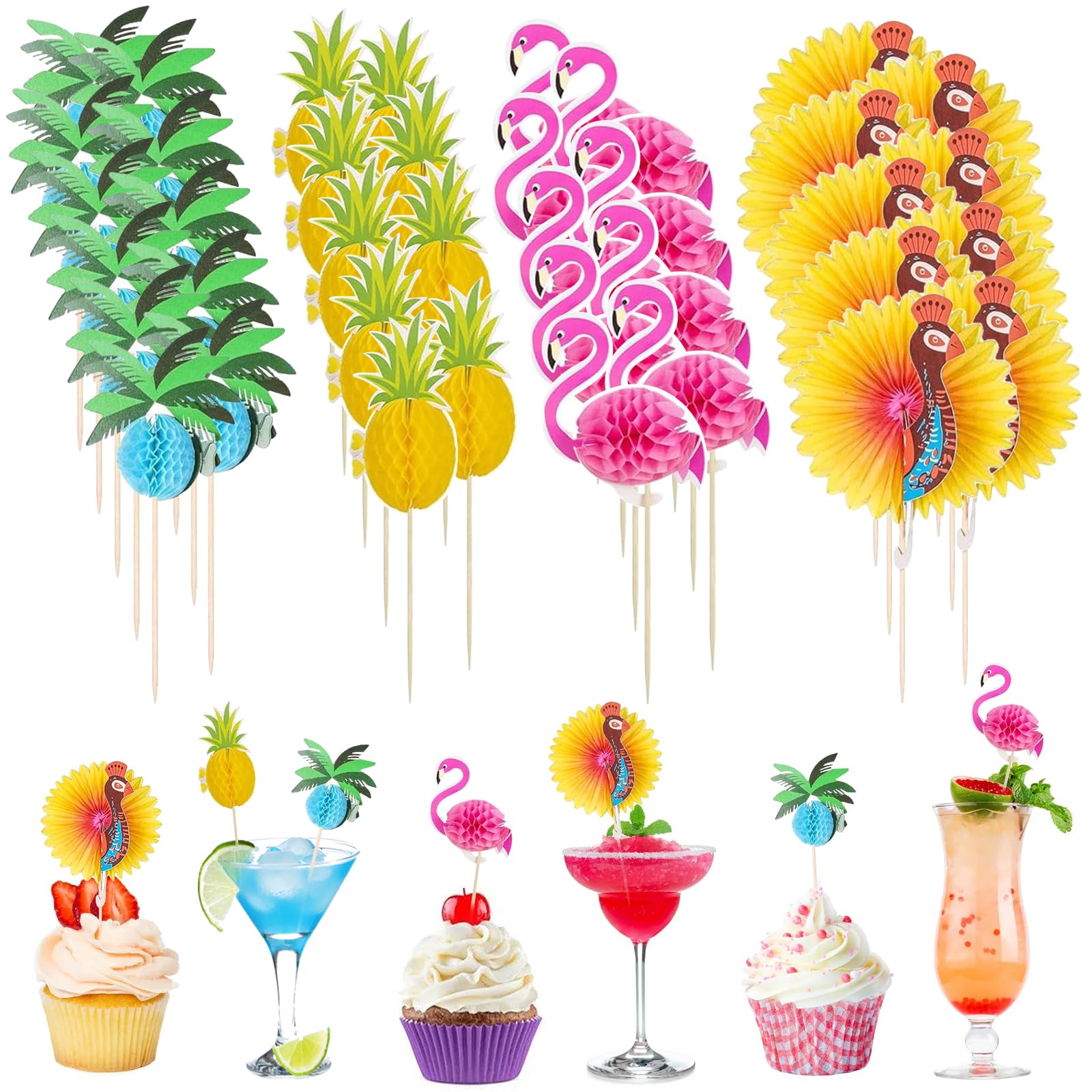 Decorazioni per Cocktail, 100 PCS Decorazioni Cocktail Estate, Decorazione Cocktail Spiaggia, Spiedini da Cocktail con Fenicottero, Ananas, Pavone, Albero di Cocco per Feste in Spiaggia