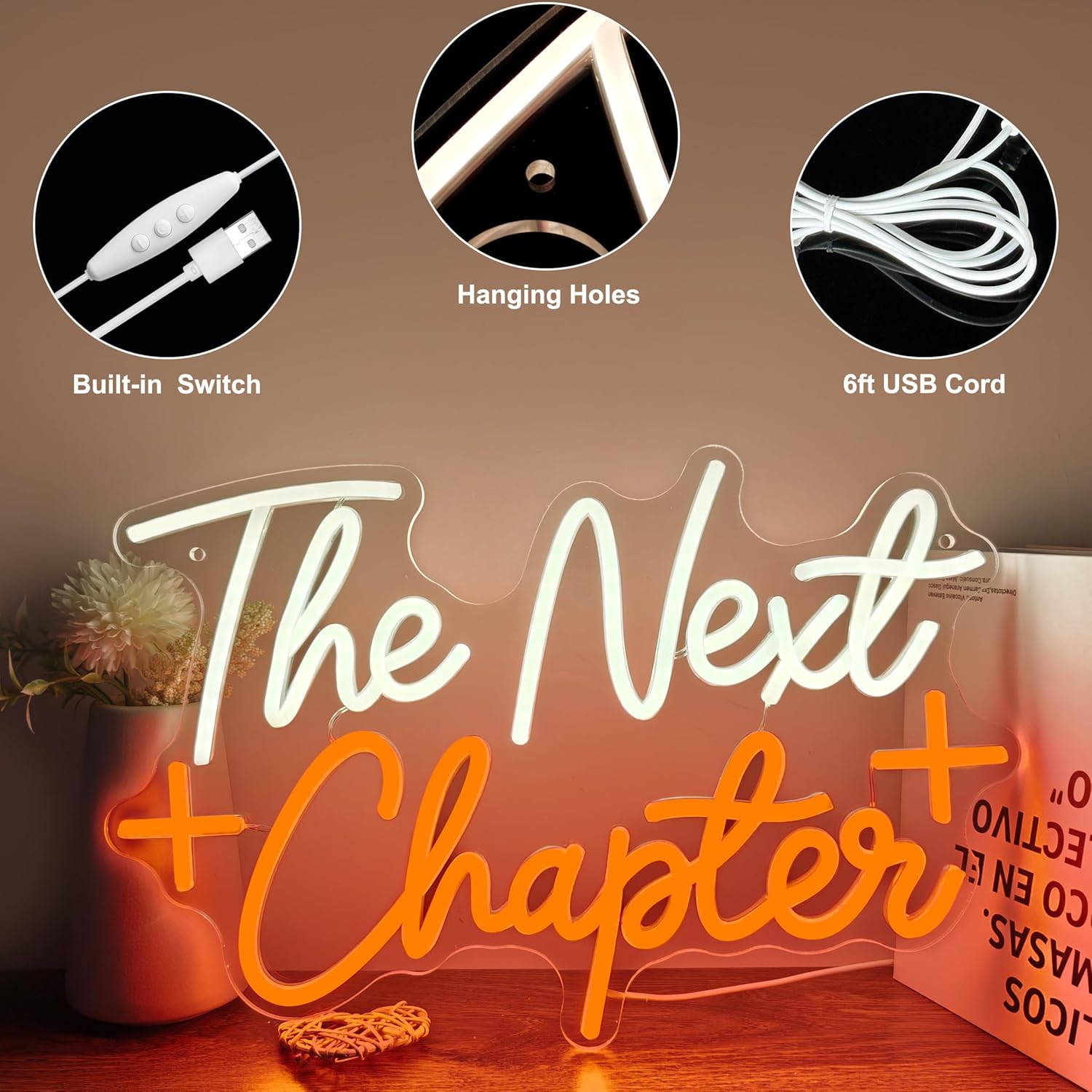 The Next Chapter LED Neon Sign Aesthetic Retro Warm White Wall Decor Inspirational Quote Light for Bedroom Dorm Room Apartment Meaningful Graduation & Housewarming Gift