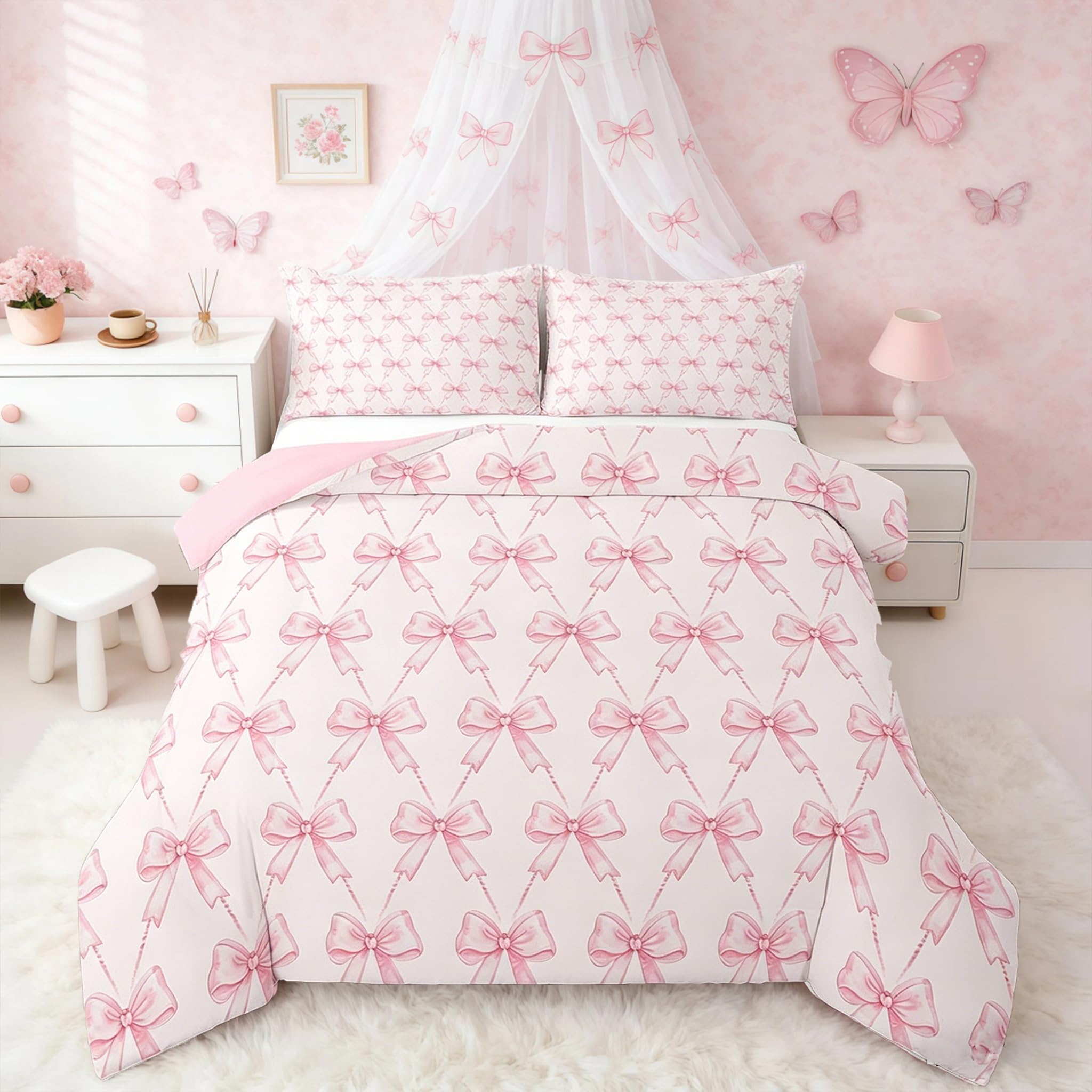 Homemissing Bow Bedding Set for Women King Size Pink Girls Bow Duvet Cover Set for Kids Women Girls Cute Bowknot Duvet Cover with 2 Pillowcases Kawaii Bow and Stripes Quilt Cover 3Pcs