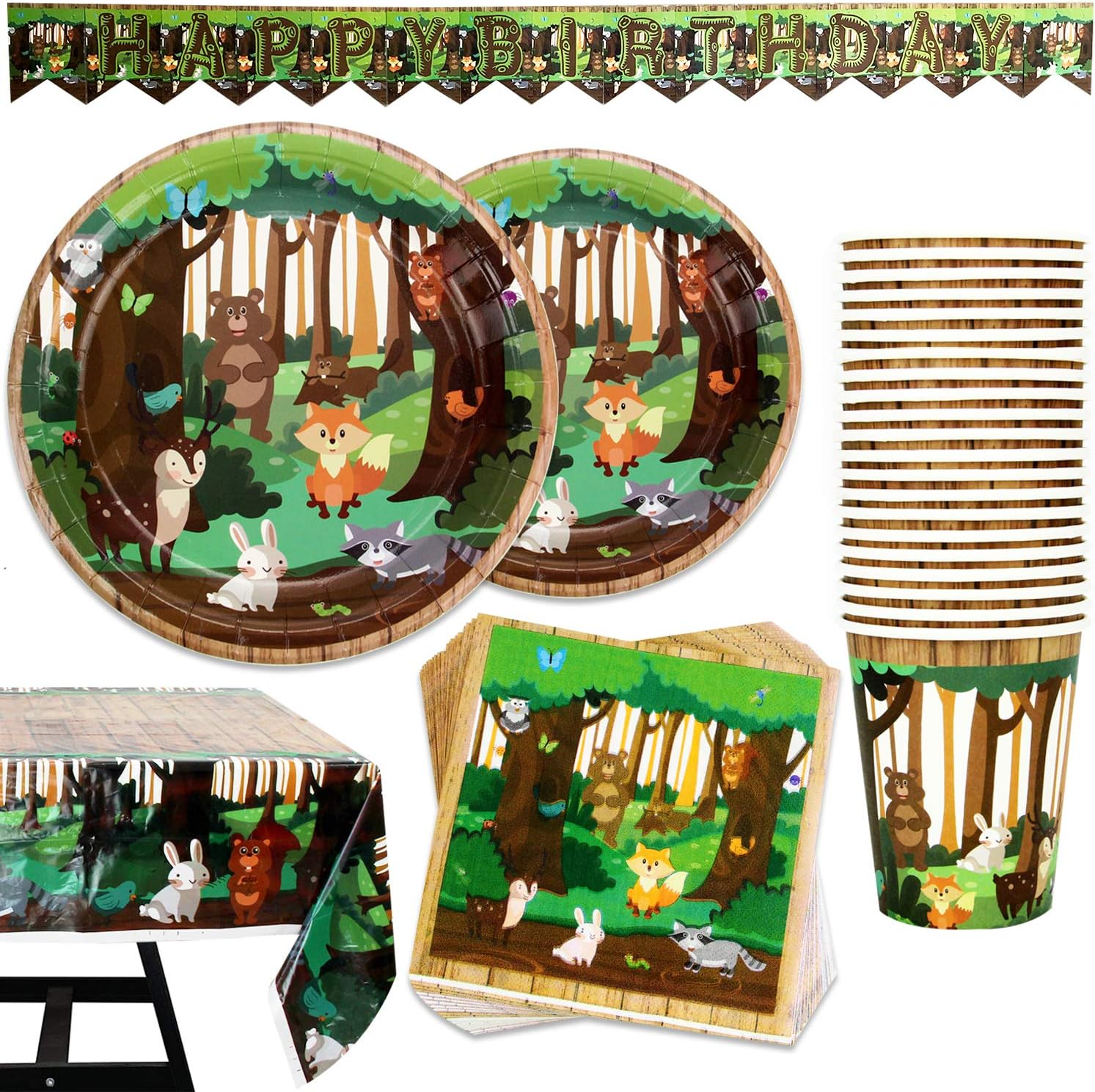 202 Piece woodland animals baby shower decorations or woodland theme baby shower decorations Set Including Banner,woodland baby shower plates and napkins, Cups, Cutlery,and Tablecloth, Serves 25