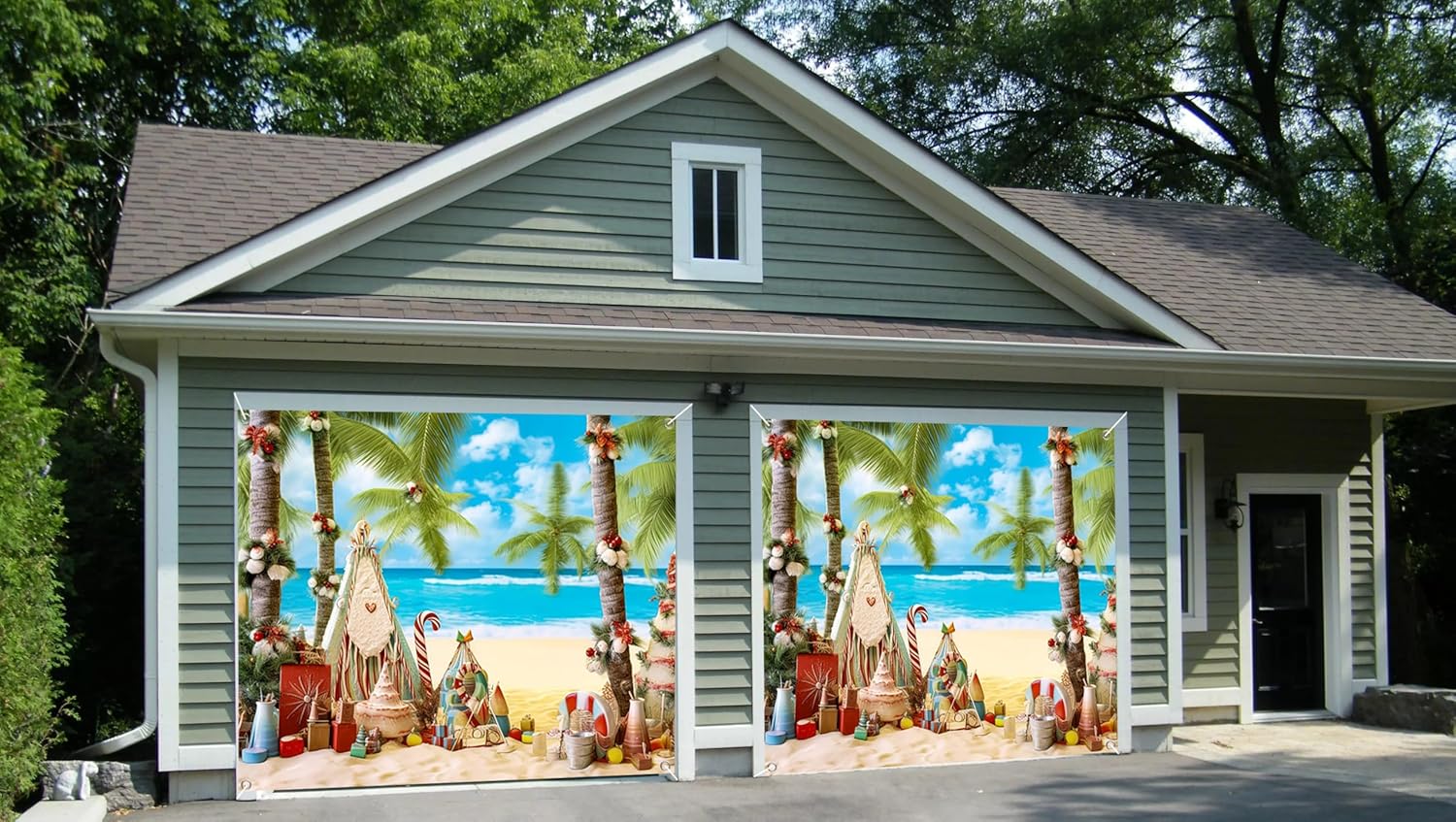 7x8ft Beach Christmas Garage Door Decor Palm Tree Fringed Paradise Festive Cones Trees Seashell Gifts Warm Landscape Garage Door Cover for Indoor Outdoor Tropical Holiday Decor